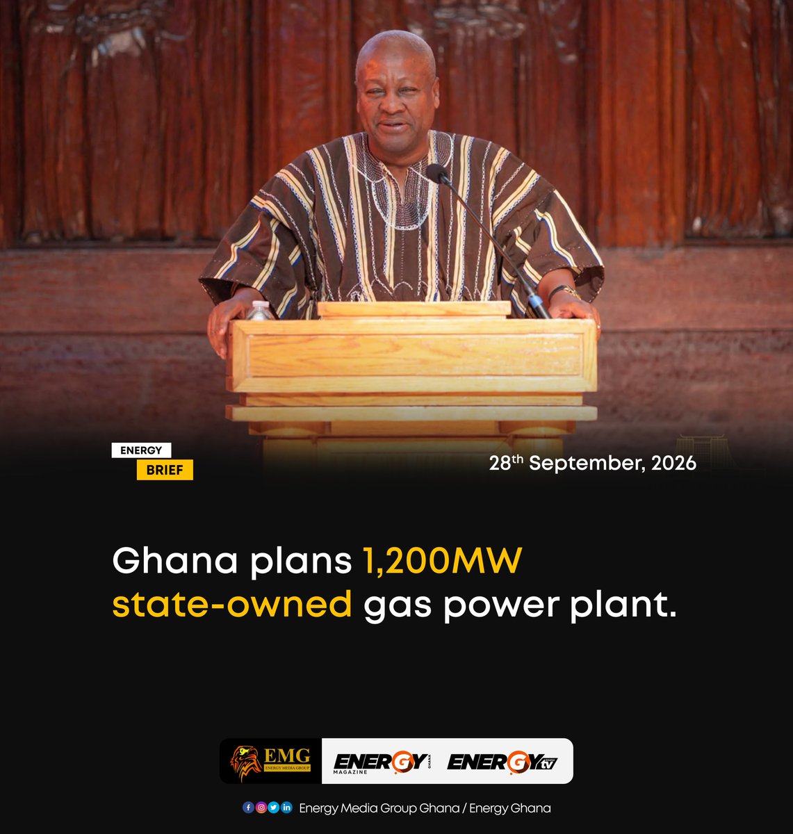 _EnergyGhana's tweet photo. President John Dramani Mahama says Ghana plans to sign an agreement before the end of the year to build a 1,200-megawatt state-owned gas-fired power plant. Read more https://t.co/vmLvtrWoGd https://t.co/yl9oxD1WiQ