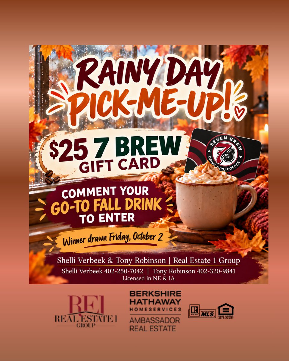 shelliverbeek's tweet photo. ☔ Rainy days call for a 7 Brew pick-me-up! ☕

Fall is making its entrance in the Omaha and Council Bluffs area, and we’d love to brighten someone’s week. We’re giving away a $25 7 Brew gift card!

Want to enter? Comment with your go-to fall drink. 🍁 Are you choosing coffee,... https://t.co/b1Y8wrbAGz