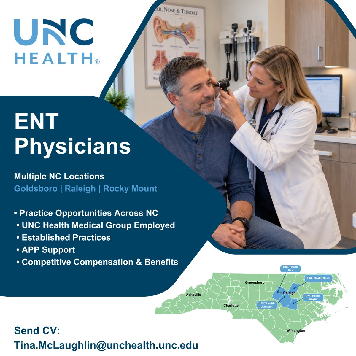 UNCPhysRecruit's tweet photo. 🔊Attention Otolaryngology Physicians! Advance Your ENT Career with UNC Health
Multiple Locations | Established Practices | Exceptional Support 

Please contact Tina McLaughlin for additional information! 

https://t.co/JIpIi6YcAl https://t.co/SH9DFkwHK8