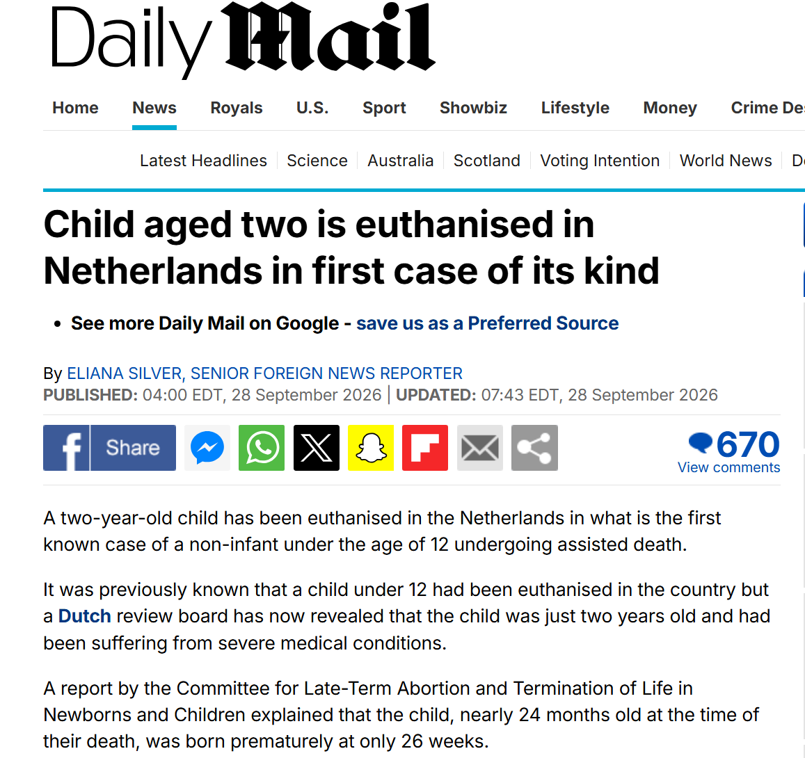 cbcwatcher's tweet photo. Netherlands just euthanized a 2-year-old. First known case of a child that young under their expanded child euthanasia law

This is not some distant slippery slope. The Quebec College of Physicians has already proposed the same thing for Canada

In 2022, they told Parliament they wanted to explore MAiD for babies 0–1 born with severe malformations and “very grave and severe syndromes” where survival is “basically nil.”

They have since restated it: medical assistance in dying “may be an appropriate treatment for babies suffering from extreme pain that cannot be relieved” and parents “should have the opportunity to obtain this care for their infant”

It is not law. MAiD in Canada is still restricted to adults 18+. But a major provincial medical college keeps putting it on the table

The Netherlands started with adults. Then newborns. Then children 1–12. Now a 2-year-old

Canada should pay attention