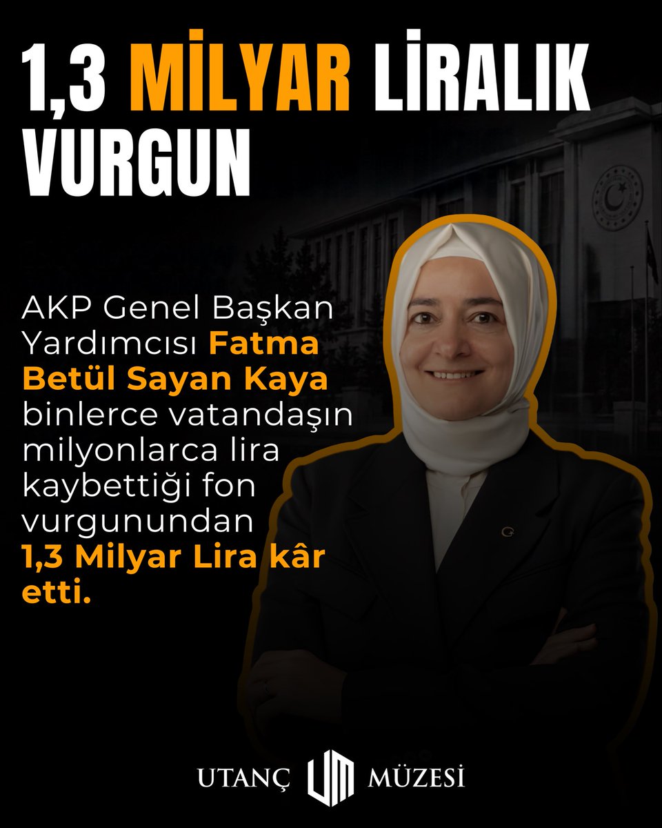 UtancMuzesiUM's tweet photo. Fatma Betül Sayan Kaya hakkında gündeme gelen iddialara göre, Nisan 2026’da yaklaşık 63,4 milyon TL bedelle aldığı Özata Denizcilik hisselerini Eylül ayında, fon krizi patlak vermeden bir gün önce sattı. Sayan Kaya’nın hesabından 1,344 milyar TL çekildi. İddiaların gündeme gelmesinin ardından Sayan Kaya, AK Parti’deki görevlerinden "affını istedi".

Aynı gün Ankara’da, Anayasa Mahkemesi önündeki emekli eyleminde 60 yaşındaki emekli polis memuru Ali Şekeroğlu geçim kaygısı sebebiyle yaşamına son verdi. Şekeroğlu, eylem sırasında ekonomik sıkıntılardan söz etmiş ve “Para için değil, onurumuz için” yazılı bir döviz taşımıştı.

Bir tarafta halkı yönetenlerin milyarlarca liralık hisse işlemi, diğer tarafta geçinemediğini haykıran bir emeklinin ölümü Türk ulusunun hafızasında, Utanç Müzesinde yerini almıştır.