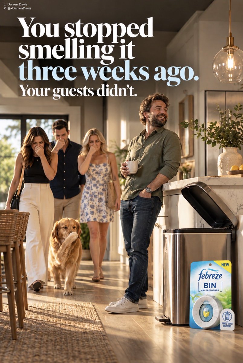 xDarrenDavis's tweet photo. Ever used your politeness to cover a smell? 😂

Sometimes the best ad insight is just human behavior nobody talks about.

My take on today’s OMB:

Create posters to advertise #BinAirFresheners 🗑️🌸

#OneMinuteBriefs #Advertising #SellMeFreshAir https://t.co/wcYtyeujeT