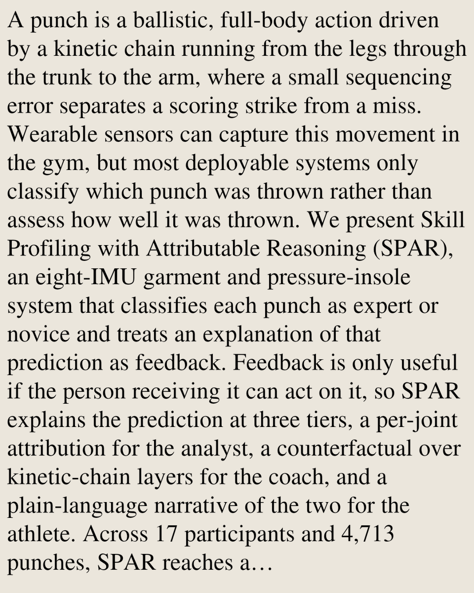 Smartphones's tweet photo. Skill Profiling with Attributable Reasoning (SPAR): A Wearable Analysis System for Boxing

Nibraas Khan, Hanchen David Wang, Enya Bullard, Ritam Ghosh, Ruj Haan, Aarav Agrawal, Meiyi Ma, Nilanjan Sarkar
https://t.co/3DniLt44m6 [𝚌𝚜.𝙷𝙲 𝚌𝚜.𝙻𝙶] https://t.co/IIiTpFBSyR