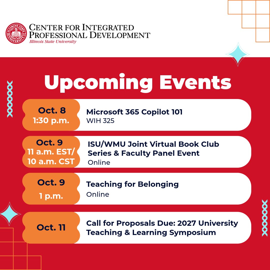 ProDevISU's tweet photo. Our weekly schedule is here!

We've got a Microsoft 365 Copilot 101 session, our ISU and @WesternMichU Joint Virtual Book Club and Faculty Panel event, and a Teaching for Belonging workshop happening this week.

🔗 https://t.co/odjwomxQ5a https://t.co/WKCUbuse9M