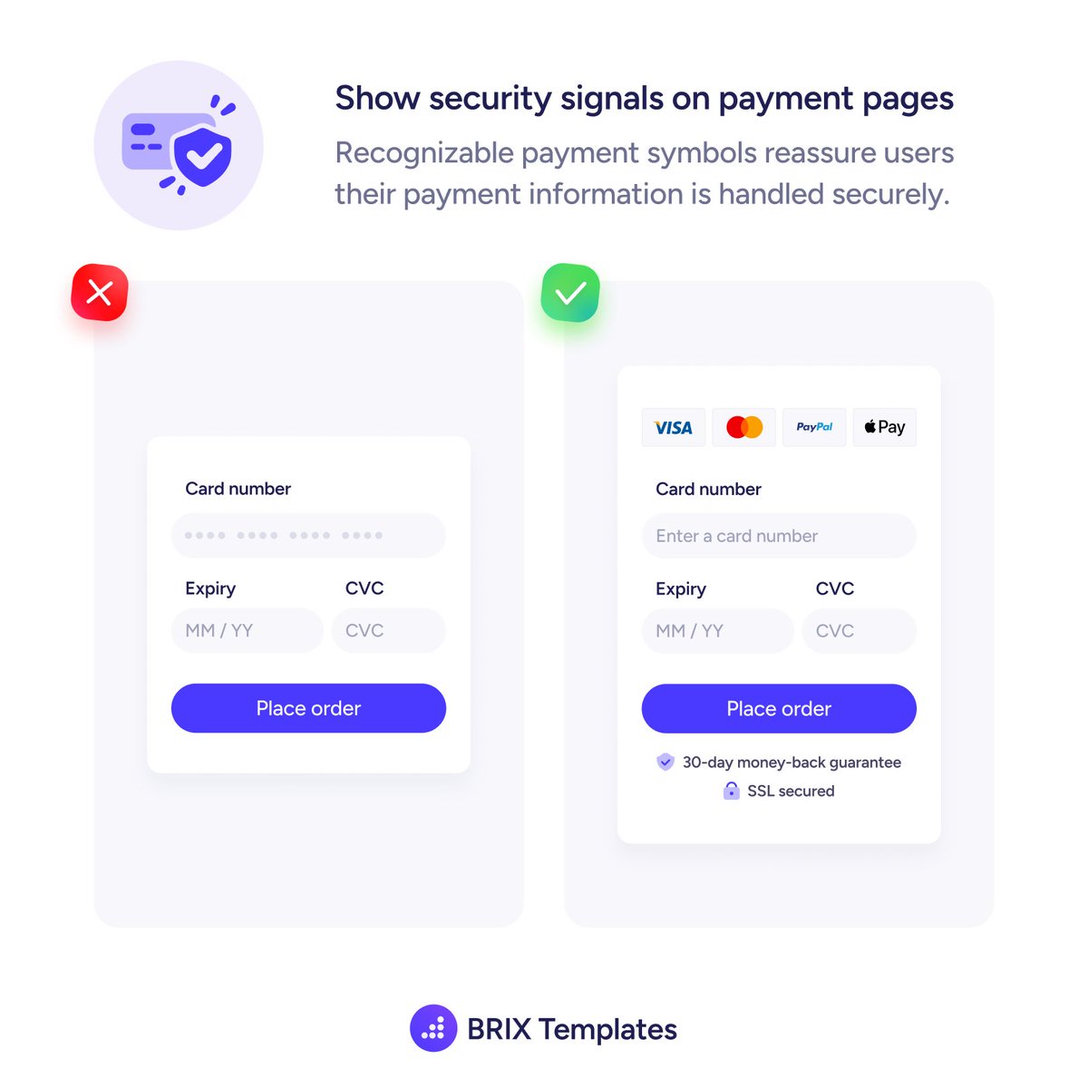 brixtemplates's tweet photo. Trust signals can make checkout feel safer. Show familiar payment methods, guarantees, and security cues near the payment form to reduce hesitation. Clear reassurance can help more users complete their purchase. Would you add these? 
#UXDesign https://t.co/h97ScGWQmR