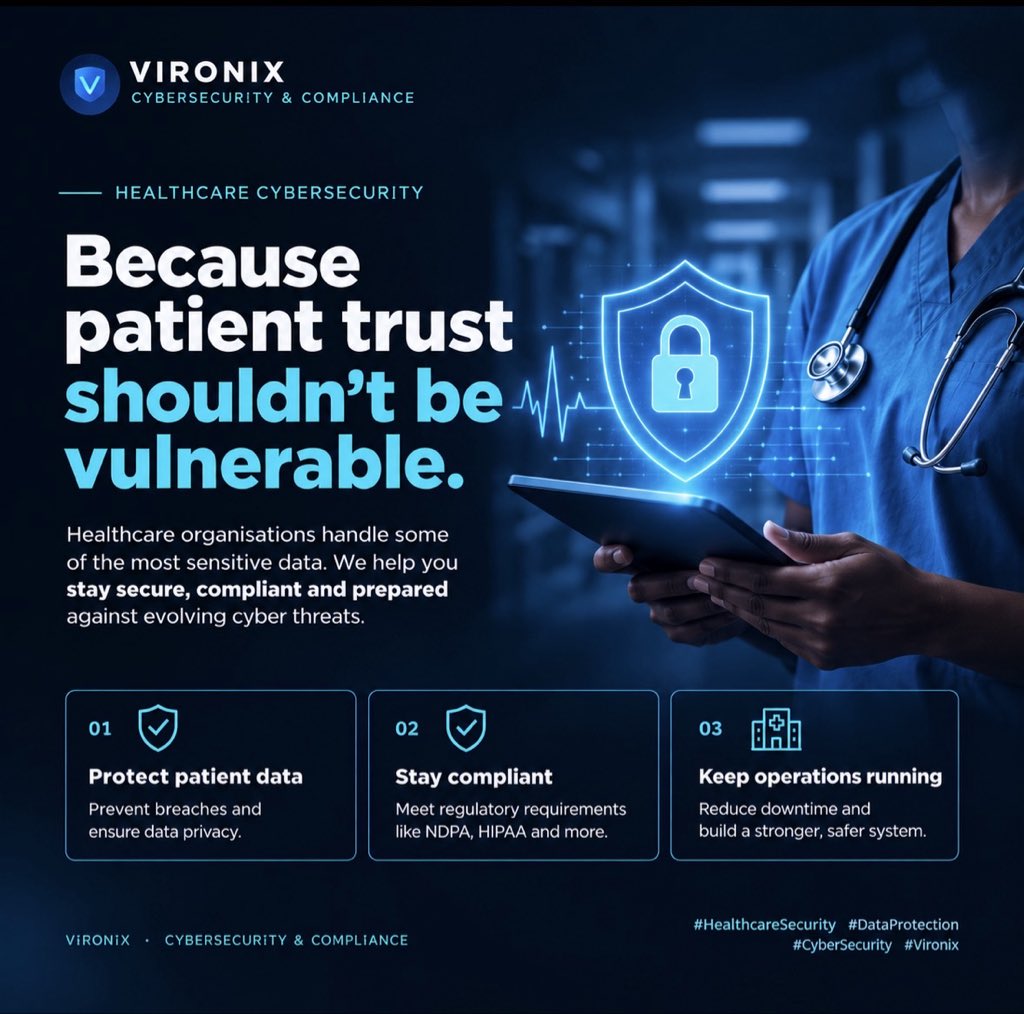 vironixng's tweet photo. Patient trust shouldn’t be vulnerable. 🔐

Healthcare data is sensitive. Your security should be stronger.

Protect patient data. Strengthen your security. Stay prepared.

#HealthcareSecurity #PatientData #DataProtection #CyberSecurity #CyberRisk #Vironix #NigeriaCybersecurity https://t.co/EgNghaj8SV