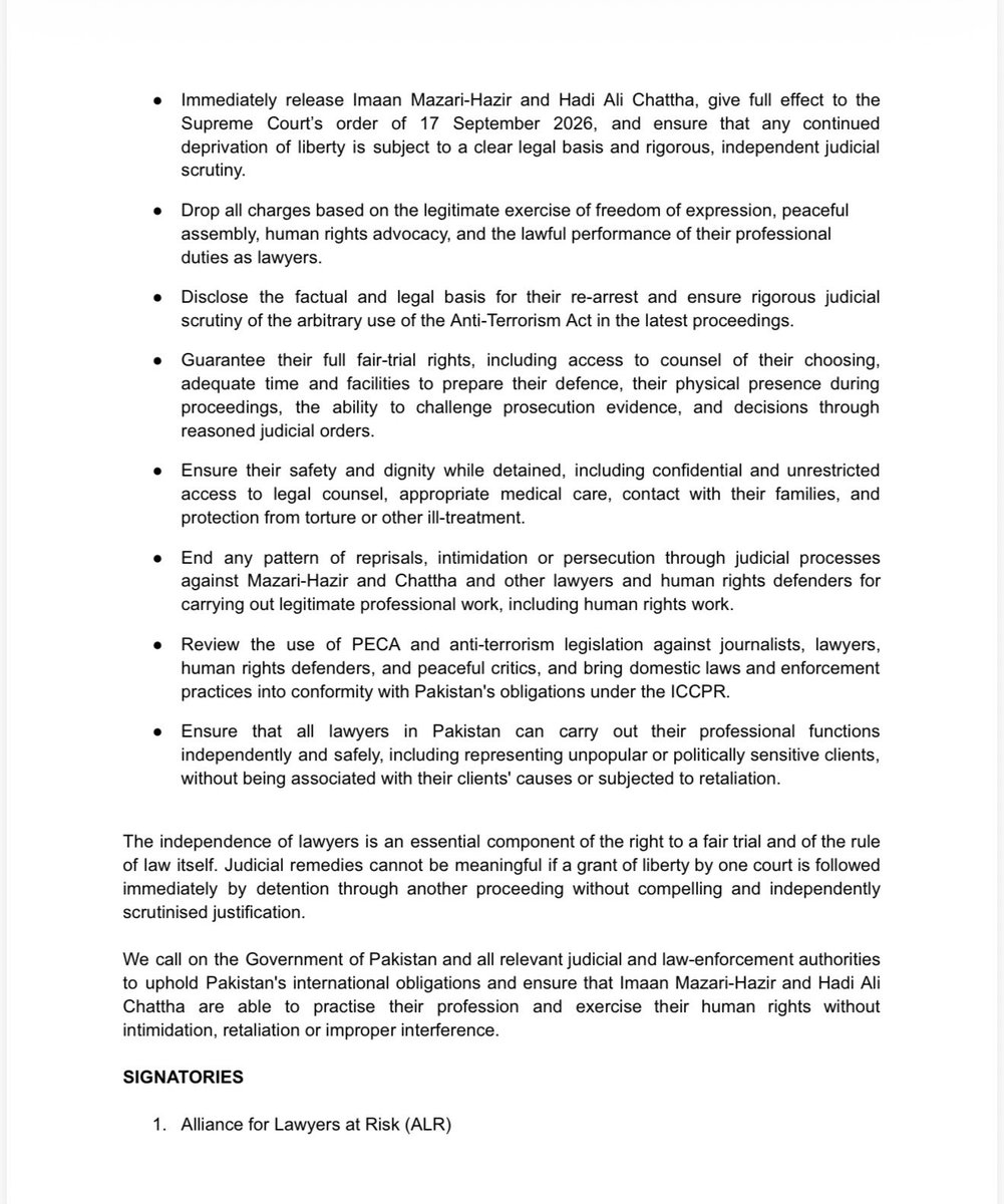 AsadAToor's tweet photo. 🚨🚨#BREAKING: Worldwide prominent lawyer bodies demand “end the cycle of detention and judicial harassment of their fellow lawyers @ImaanZHazir and @AdvHadiali. https://t.co/HNvUOpimpD