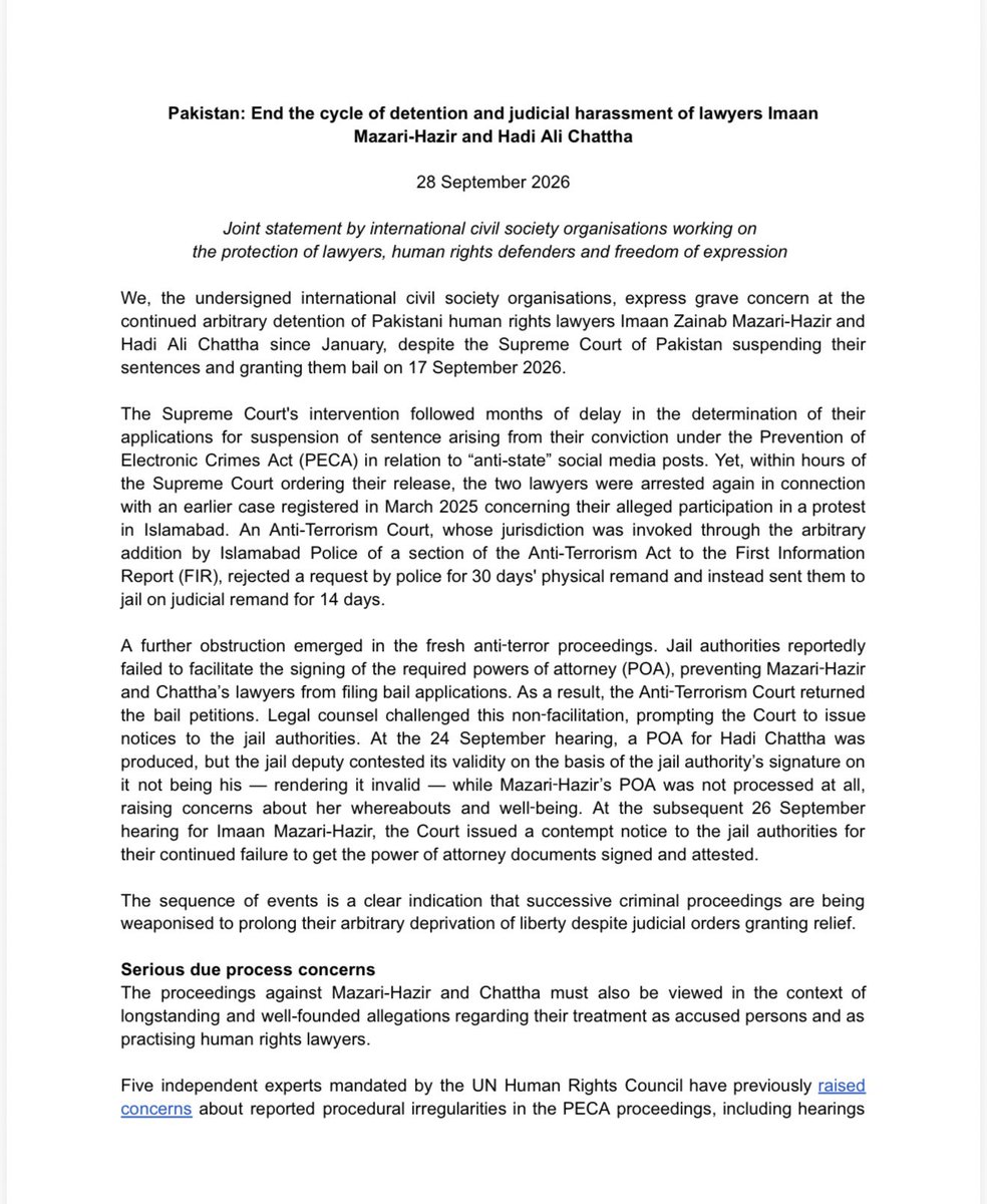 AsadAToor's tweet photo. 🚨🚨#BREAKING: Worldwide prominent lawyer bodies demand “end the cycle of detention and judicial harassment of their fellow lawyers @ImaanZHazir and @AdvHadiali. https://t.co/HNvUOpimpD
