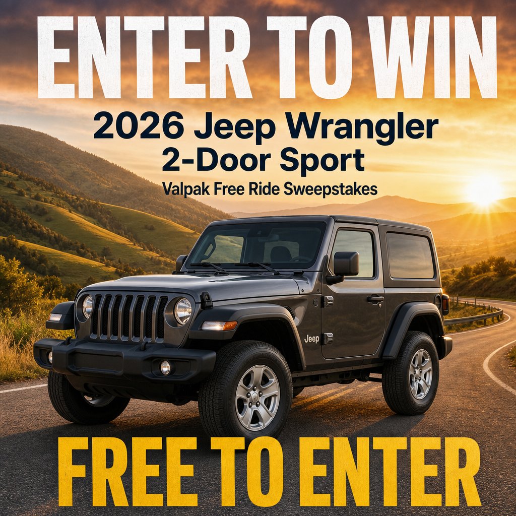 SweepsAdvantage's tweet photo. Ready for a new ride? 🚙 Enter Valpak’s Free Ride Sweepstakes to win a 2026 Jeep Wrangler 2-Door Sport! Where would you take it first? Free to enter—click the link for details &amp; to enter:
https://t.co/hYDyvZFikE https://t.co/ZjhnnbXRbK