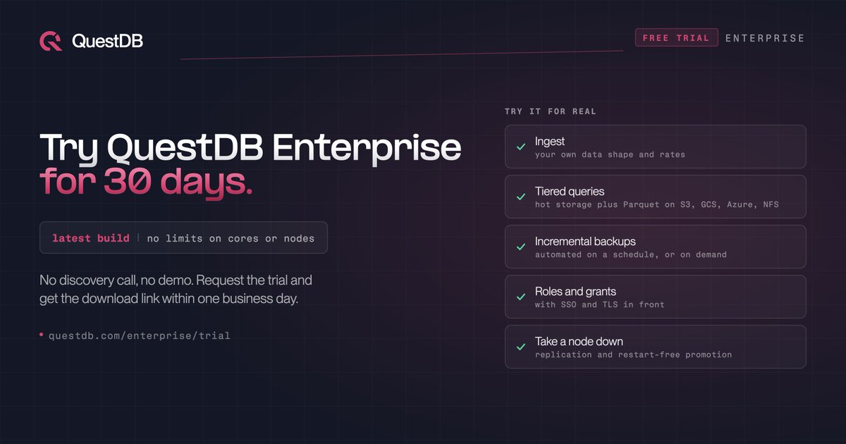 QuestDb's tweet photo. You can now run #QuestDB Enterprise on your own data for 30 days. The full build: replication, restart-free promotion, cold storage, access control. No limits on cores or nodes.

No discovery call. Fill the form, the download link arrives within one business day. https://t.co/RBMC83gPrr