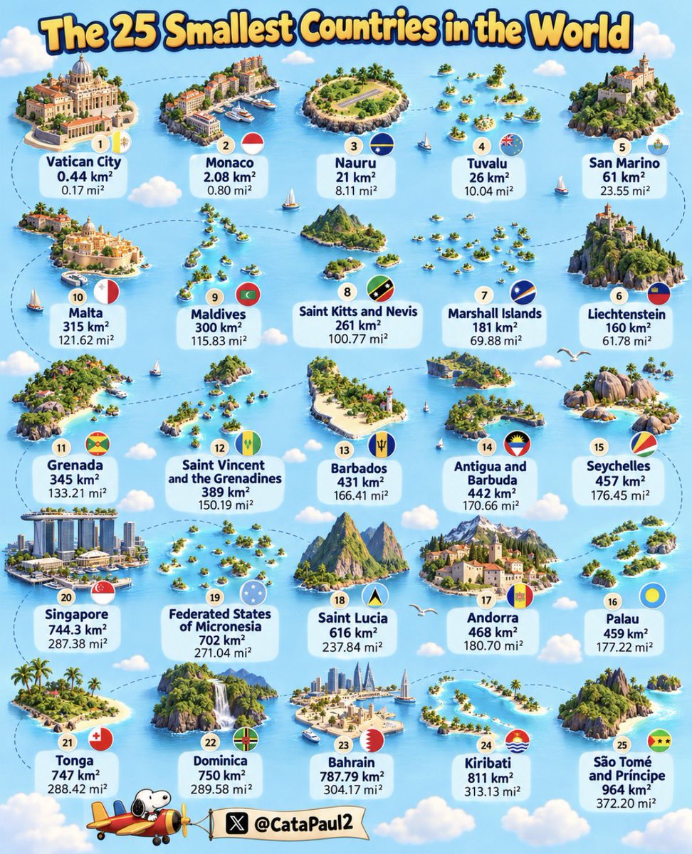 CataPaul2's tweet photo. The 25 smallest countries in the world

1.  🇻🇦 Vatican City – 0.44 km² (0.17 mi²)
2.  🇲🇨 Monaco – 2.08 km² (0.80 mi²)
3.  🇳🇷 Nauru – 21 km² (8.11 mi²)
4.  🇹🇻 Tuvalu – 26 km² (10.04 mi²)
5.  🇸🇲 San Marino – 61 km² (23.55 mi²)
6.  🇱🇮 Liechtenstein – 160 km² (61.78 mi²)
7.  🇲🇭 Marshall Islands – 181 km² (69.88 mi²)
8.  🇰🇳 Saint Kitts and Nevis – 261 km² (100.77 mi²)
9.  🇲🇻 Maldives – 300 km² (115.83 mi²)
10.  🇲🇹 Malta – 315 km² (121.62 mi²)
11.  🇬🇩 Grenada – 345 km² (133.21 mi²)
12.  🇻🇨 Saint Vincent and the Grenadines – 389 km² (150.19 mi²)
13.  🇧🇧 Barbados – 431 km² (166.41 mi²)
14.  🇦🇬 Antigua and Barbuda – 442 km² (170.66 mi²)
15.  🇸🇨 Seychelles – 457 km² (176.45 mi²)
16.  🇵🇼 Palau – 459 km² (177.22 mi²)
17.  🇦🇩 Andorra – 468 km² (180.70 mi²)
18.  🇱🇨 Saint Lucia – 616 km² (237.84 mi²)
19.  🇫🇲 Federated States of Micronesia – 702 km² (271.04 mi²)
20.  🇸🇬 Singapore – 744.3 km² (287.38 mi²)
21.  🇹🇴 Tonga – 747 km² (288.42 mi²)
22.  🇩🇲 Dominica – 750 km² (289.58 mi²)
23.  🇧🇭 Bahrain – 787.79 km² (304.17 mi²)
24.  🇰🇮 Kiribati – 811 km² (313.13 mi²)
25.  🇸🇹 São Tomé and Príncipe – 964 km² (372.20 mi²)

🖇️ Source: UN