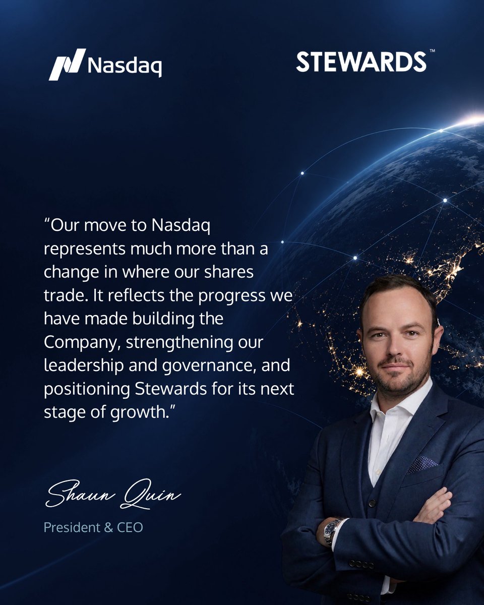 stewards_usa's tweet photo. Our President &amp; CEO, Shaun Quin, reflects on Stewards, Inc.’s Nasdaq Capital Market listing and the years of disciplined execution behind it.

A milestone for the team, and a platform for what comes next.

Read more: https://t.co/cOqtnQXgOr

Nasdaq: SWRD

#Nasdaq #SWRD #Stewards https://t.co/pYalyRs03e