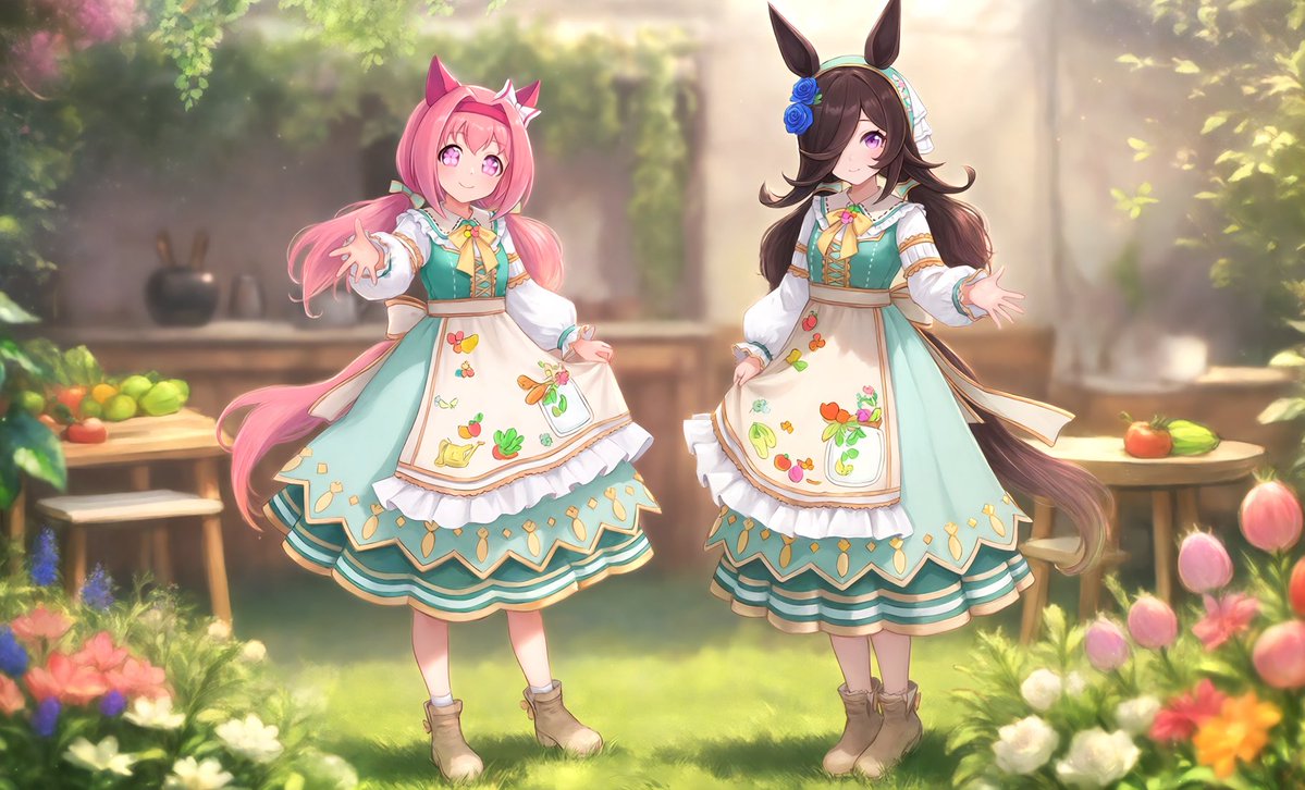 hikaru_78152's tweet photo. 今日のライスちゃんは
ウララちゃんとYummy Dreamy Fairyのアレンジ衣装を着ているイメージにしました♪💙🩷
#ウマ娘　#ウマ娘好きと繋がりたい　#ライスシャワー　#ハルウララ　#AIイラスト　#RiceShower https://t.co/vMBJPHAjUH