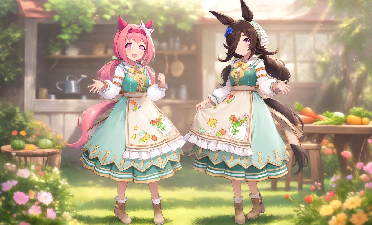 hikaru_78152's tweet photo. 今日のライスちゃんは
ウララちゃんとYummy Dreamy Fairyのアレンジ衣装を着ているイメージにしました♪💙🩷
#ウマ娘　#ウマ娘好きと繋がりたい　#ライスシャワー　#ハルウララ　#AIイラスト　#RiceShower https://t.co/vMBJPHAjUH