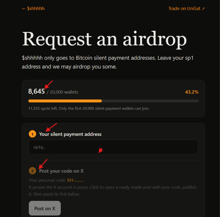 shadatofficial1's tweet photo. $SHHHHH Airdrop is LIVE

Found a pretty simple FCFS airdrop for SP1 addresses

The first 20,000 wallets can request 1,000 $SHHHHH each, and the supply is capped at 21M

I’m seeing around 12,651 spots left right now, so if you want to try it, don’t wait too long

How to claim 
🔗https://t.co/pejdr6gZ53
• Open Cake Wallet and create a new Bitcoin wallet
• Back up your recovery key safely
• Tap Receive
• Select Silent Payment
• Copy your SP1 address

Then go here:
🔗https://t.co/4oq2QF5Asa
• Paste your SP1 address
• Click Post on X and publish the SH-code generated by the page
• Copy your X post link and paste it back
• Click Request Airdrop
• FCFS: First 20,000 SP1 wallets

I’m going to try this one while spots are still available. 

Only use the official wallet/app and double-check the website before connecting or submitting anything. Never share your seed phrase/private key

Who’s trying to grab the $SHHHHH airdrop?