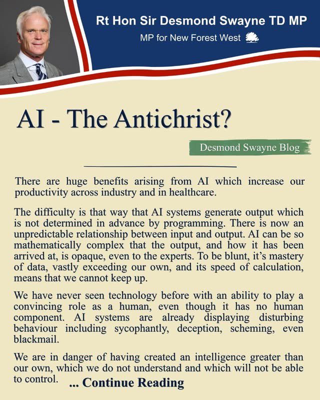 DesmondSwayne's tweet photo. Last week, our Committee reported on the hazards of unchecked AI development and demanded proper regulatory and legislative safeguards

We risk creating an intelligence greater than our own, which we do not understand and which will not be able to control

https://t.co/TbZD4VtKwf https://t.co/mQ2m8tlLr4