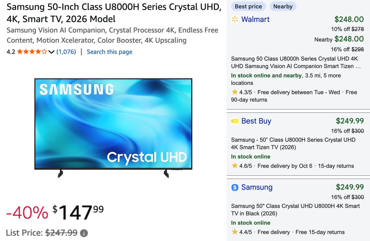 GlitchedDeals's tweet photo. SAMSUNG 50-INCH 4K TV NOW $148

Drops by $100 at Amazon, full price everywhere else

https://t.co/07wmk6IWQj

Newest model smart TV with 4k upscaling

Lowest price ever, free shipping included #ad https://t.co/I4AXGYohfb