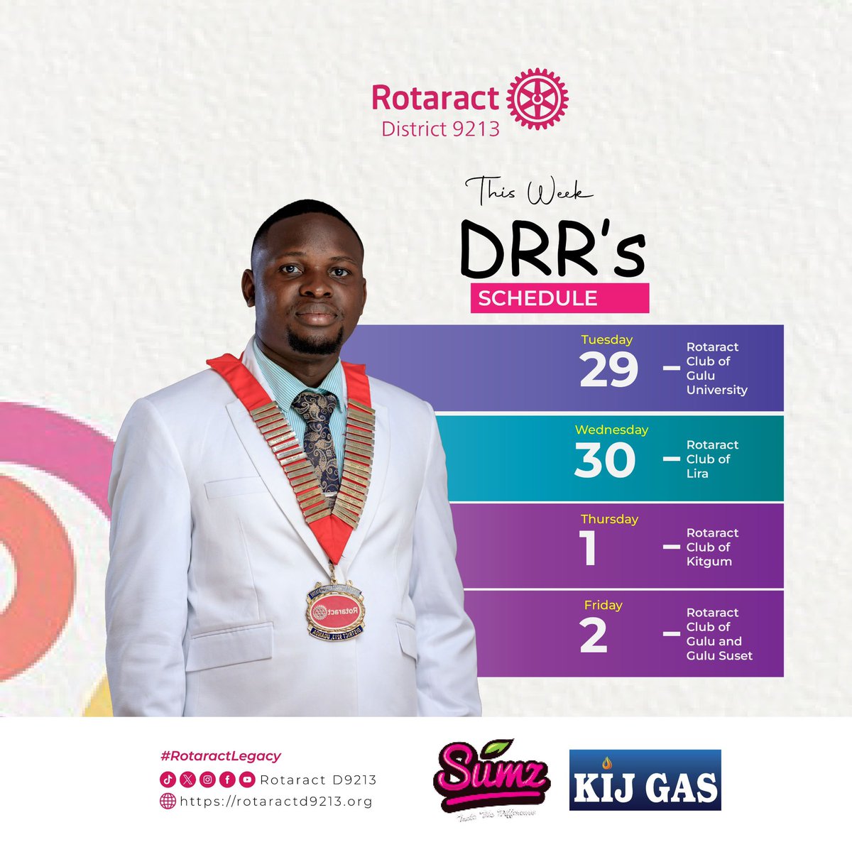 RotaractD9213's tweet photo. THE DRR'S WEEKLY SCHEDULE IS HERE! ✨

DRR @MuwanguziAlex11 is set for a week of impactful club visits, fellowship & leadership engagement across the North!

📍 Tue 29: Rac Gulu University
📍 Wed 30: Rac Lira
📍 Thu 1: Rac Kitgum
📍 Fri 2: Rac Gulu & Gulu Sunset

A full week of the Rotaract spirit!

#RotaractLegacy 
#DRRVisits
