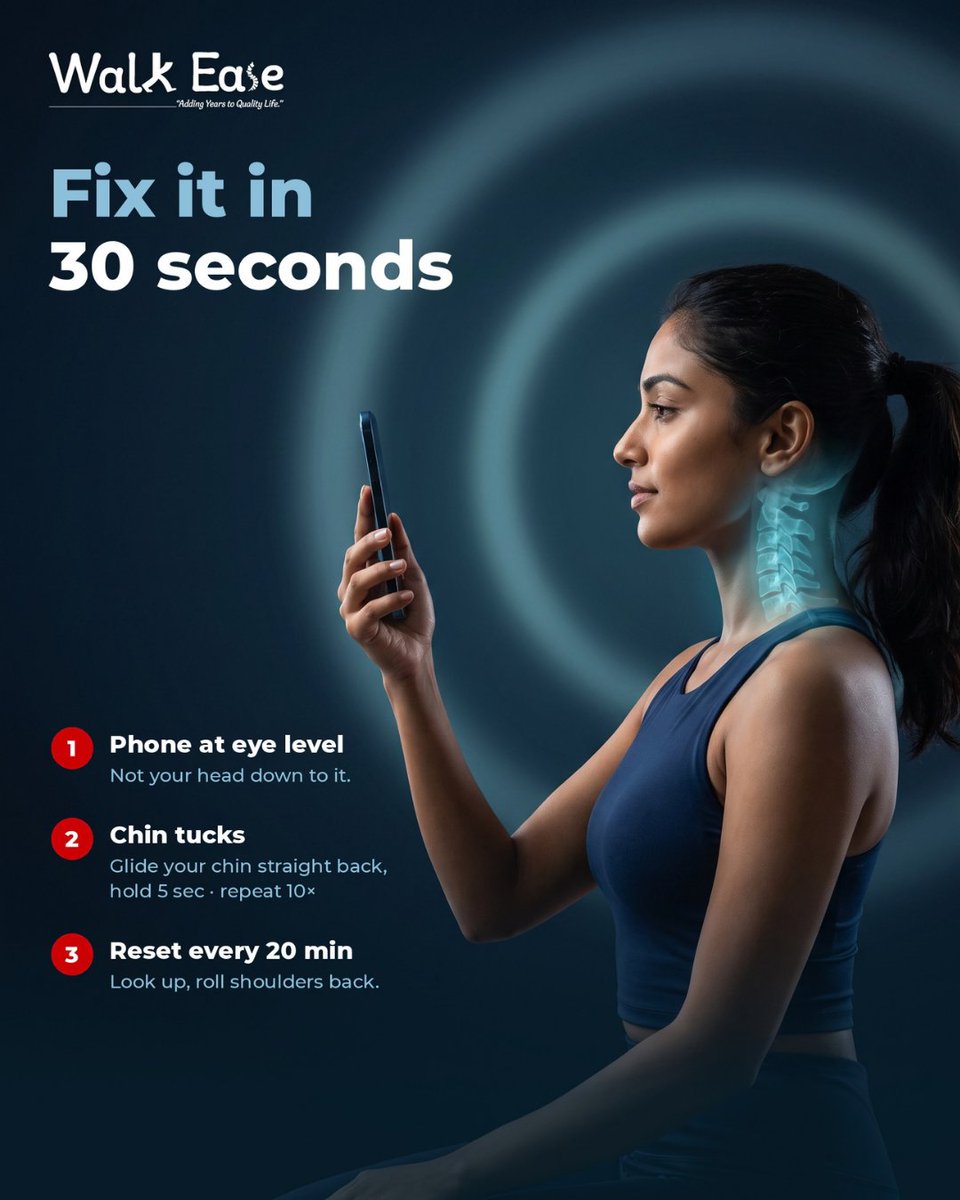 WalkEaseIndia's tweet photo. What is Text Neck .

Hours spent looking down at your phone can strain your neck and upper back. Stiffness, headaches, rounded shoulders, or tingling in your arms can be signs that your neck needs attention.

📍 Walk Ease Physiotherapy Clinic, Sector 37, Faridabad
📞 7488478576 https://t.co/vaV7N1JgkE