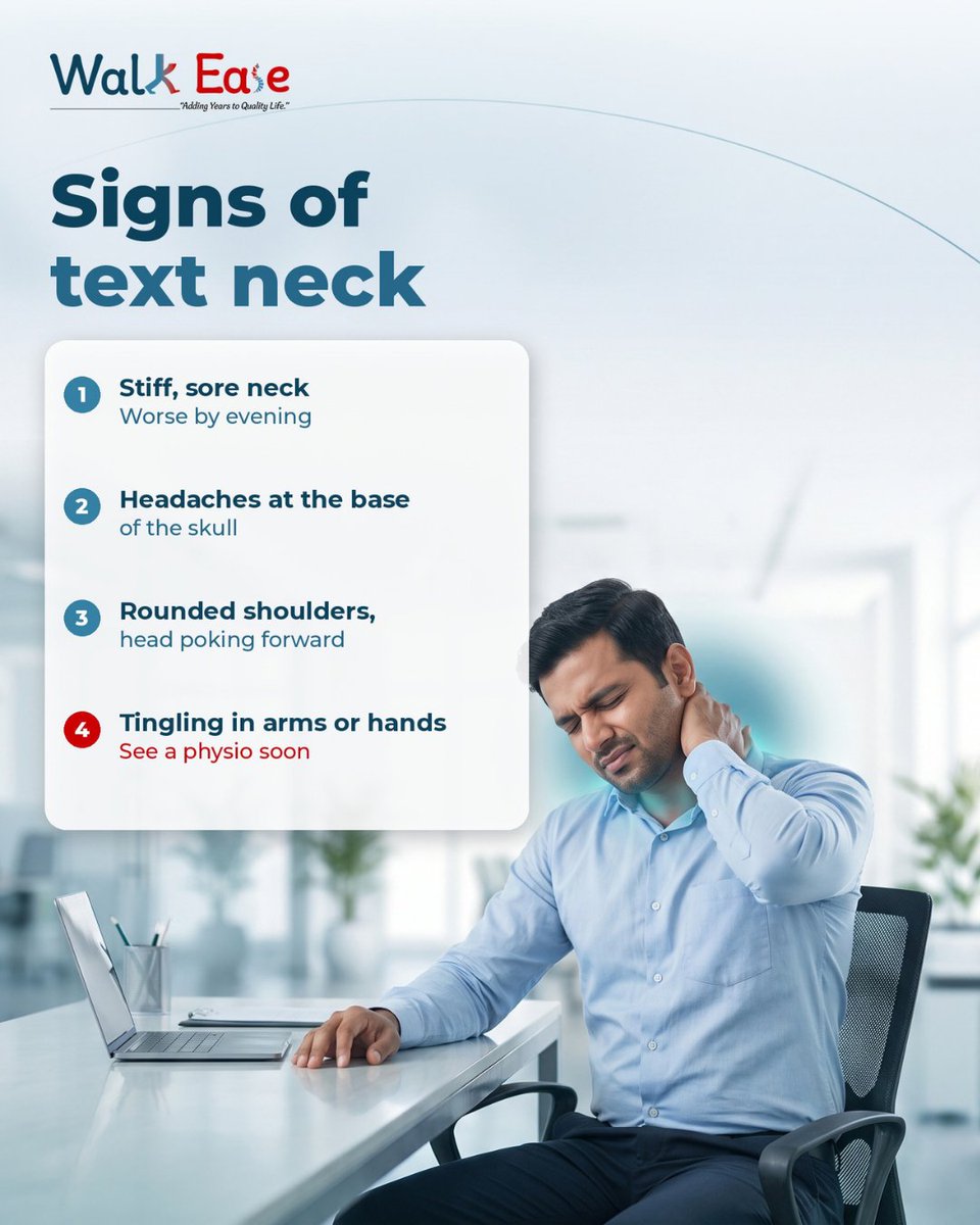 WalkEaseIndia's tweet photo. What is Text Neck .

Hours spent looking down at your phone can strain your neck and upper back. Stiffness, headaches, rounded shoulders, or tingling in your arms can be signs that your neck needs attention.

📍 Walk Ease Physiotherapy Clinic, Sector 37, Faridabad
📞 7488478576 https://t.co/vaV7N1JgkE