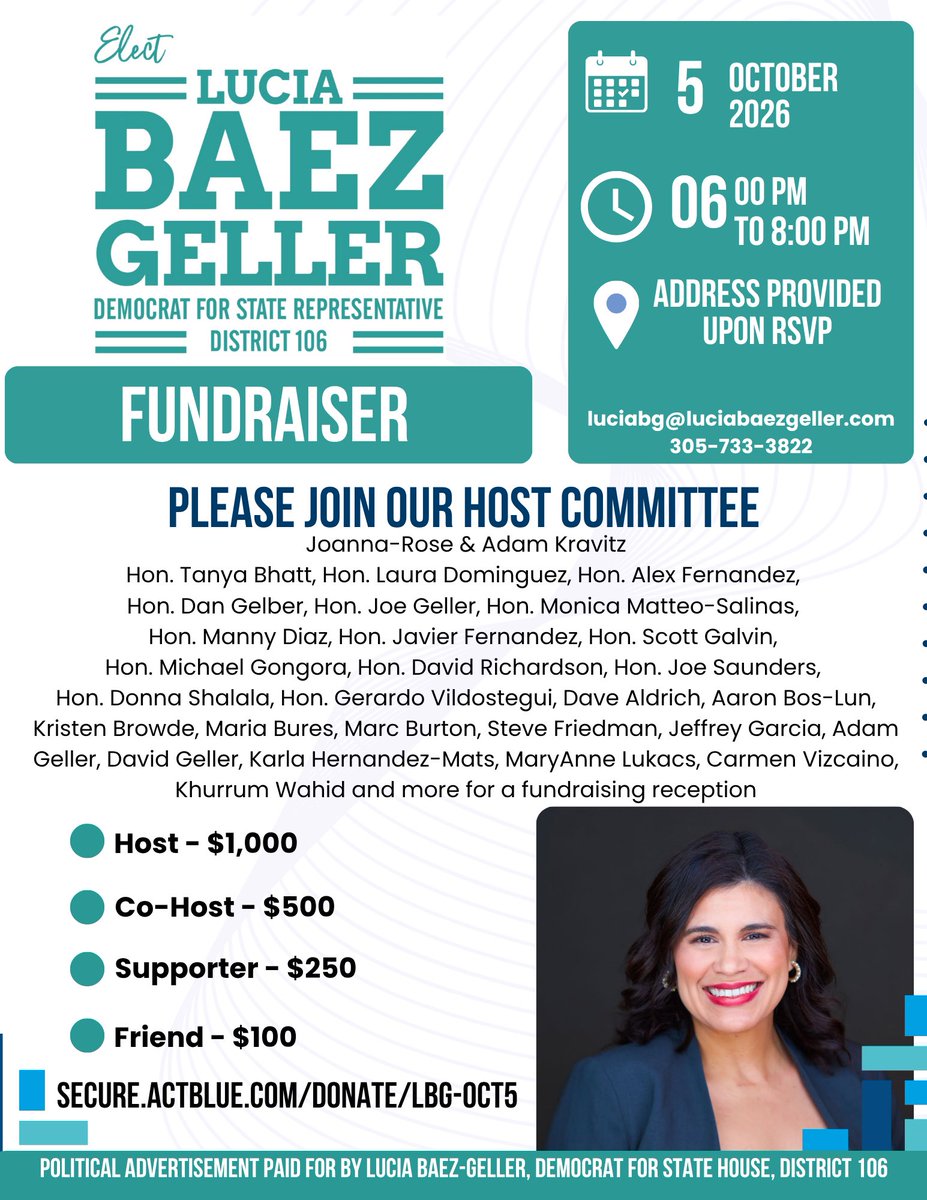 MichaelGongora's tweet photo. Join our host committee supporting Lucia Baez-Geller for State Representative District 106 at a fundraiser in Miami Beach on Monday Ocotober 5th. Click the link to join the event and receive the address upon RSVP.  @luciabaezgeller @mdcpsluciabaezg #vote 

https://t.co/X9P9F44dbg https://t.co/9zvnGNHeZW