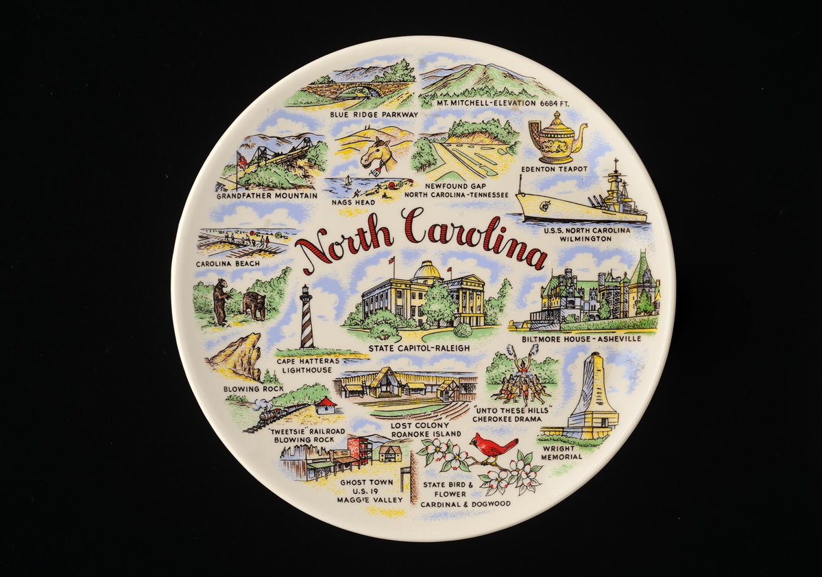 NCmuseumhistory's tweet photo. Happy #NationalNorthCarolinaDay! Check out a few artifacts celebrating our great state. Here's to the land of the long leaf pine! 
1: A wooden carving of the state seal
2: North Carolina postcard
3: North Carolina commemorative plate
4: The North Carolina state toast https://t.co/lLgSCI16u0