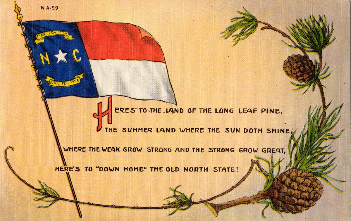 NCmuseumhistory's tweet photo. Happy #NationalNorthCarolinaDay! Check out a few artifacts celebrating our great state. Here's to the land of the long leaf pine! 
1: A wooden carving of the state seal
2: North Carolina postcard
3: North Carolina commemorative plate
4: The North Carolina state toast https://t.co/lLgSCI16u0