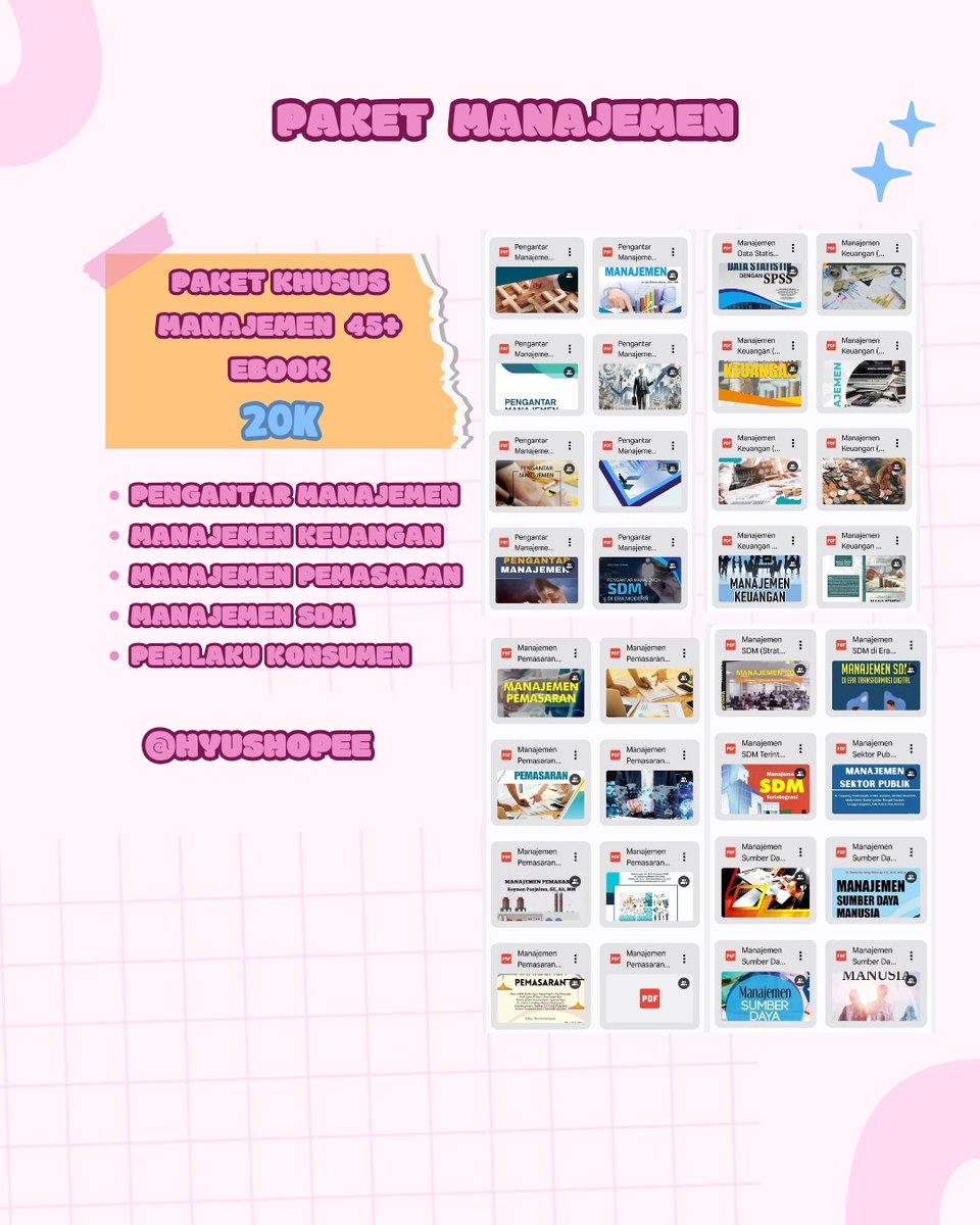 hyushopee's tweet photo. 🎀 BUAT ANAK MANAJEMEN, SINI DULU 🎀

tersedia berbagai ebook pengantar manajemen, manajemen keuangan, pemasaran, SDM, dan lainnya ✨

📩 link order ada di bio
atau kalau mau satuan juga langsung DM / WhatsApp aja yaa ♡ https://t.co/QwS5hC9YE3