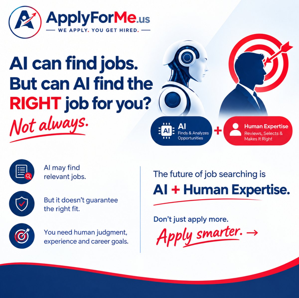 applyformeus's tweet photo. 𝐀𝐈 𝐜𝐚𝐧 𝐟𝐢𝐧𝐝 𝐣𝐨𝐛𝐬. 𝐁𝐮𝐭 𝐜𝐚𝐧 𝐀𝐈 𝐟𝐢𝐧𝐝 𝐭𝐡𝐞 𝐑𝐈𝐆𝐇𝐓 𝐣𝐨𝐛 𝐟𝐨𝐫 𝐲𝐨𝐮?
Not always.

The U.S. job search is more complicated than matching keywords between a resume and a job description.

#hiring https://t.co/KpL4tNnwe7