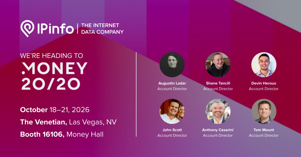 ipinfo's tweet photo. We’re heading to #Money2020! 

Find the IPinfo team at Booth 16106 in the Money Hall to talk IP data for fraud, risk, identity, payments, and more.

Book a working session: https://t.co/f4PGYsKPym

#FinTech #IPData #FraudPrevention https://t.co/1fjyBMTSH6