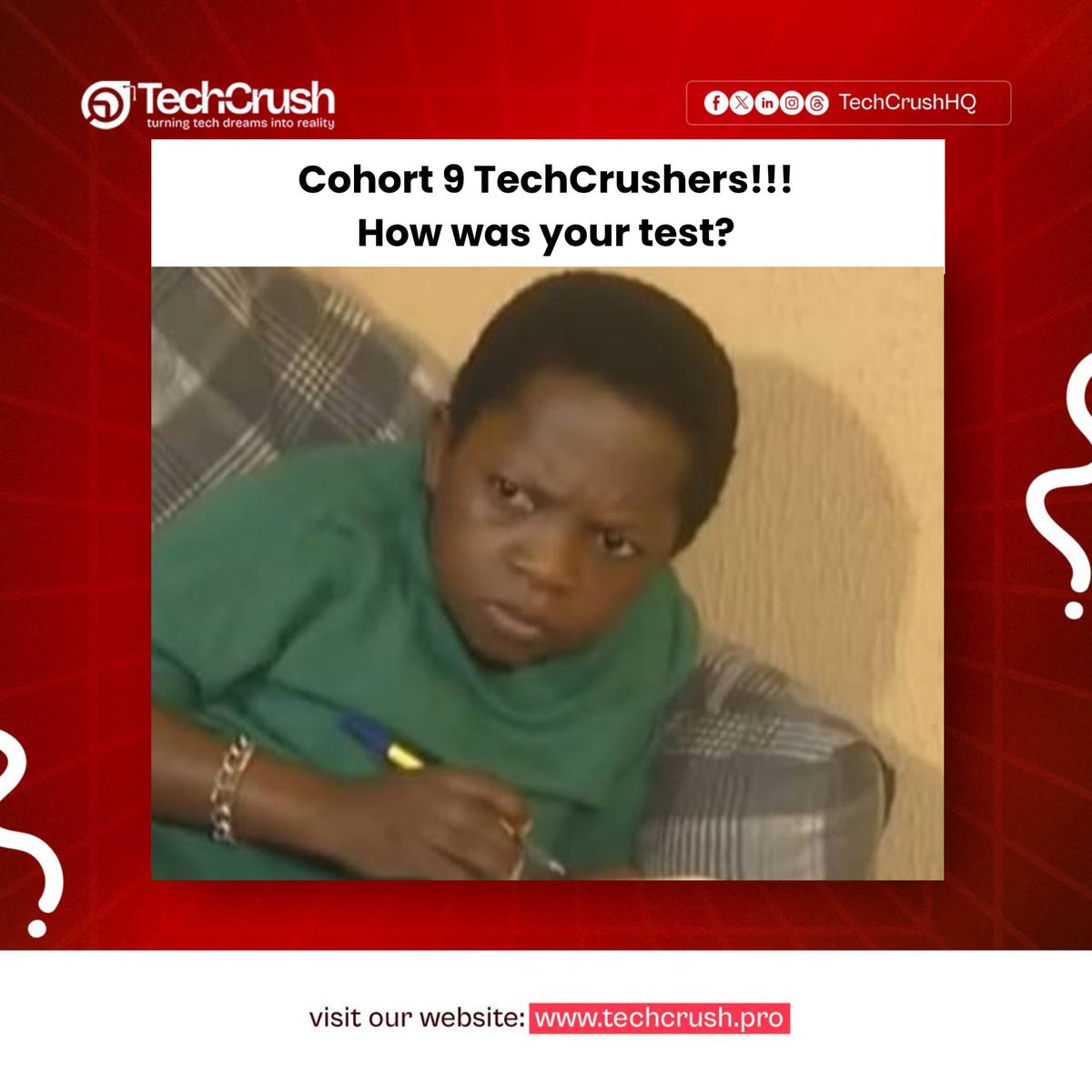 TechCrushHQ's tweet photo. Cohort 9, you just wrote your first test! 

How did it go? 👀

This is only the beginning, but you’ve already taken one more step in your learning journey. Be proud of yourself for showing up, putting in the work, and giving it your best.

Take a little breather, then it’s back to learning. 😌

You’ve got this, Cohort 9! 

#techcrush #tech4africans