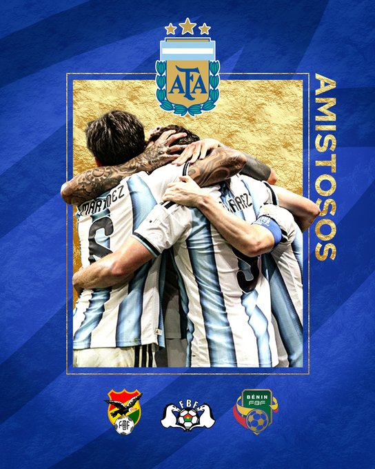 SigaRadio's tweet photo. #AmistososInternacionales

Estos son los horarios de los amistosos de la #SeleccionArgentina 

Miércoles 30/09

21 hs ante #Bolivia en el estadio #MarioAlbertoKempes

Sabado 03/10

21 hs ante #BurkinaFaso en el #Monumental

Martes 06/10

20 hs ante #Benin en el #Monumental https://t.co/hpSbSVQvvd