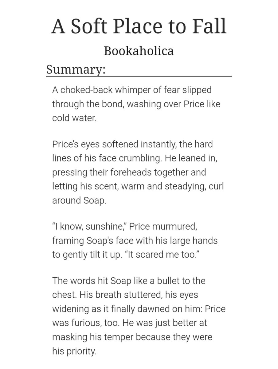 BookieFics's tweet photo. Day five is up! 
🔞A soft place to fall. 
Omegaverse 
Mpreg
Dom/sub vibes 
A!Price x O!Soap (reboot Soap, this is Johnny)
#Pricesoapweek #pricesoap 

https://t.co/Y9zpaCotoA https://t.co/Sj7wQOCTQ2