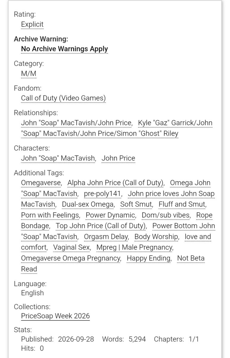 BookieFics's tweet photo. Day five is up! 
🔞A soft place to fall. 
Omegaverse 
Mpreg
Dom/sub vibes 
A!Price x O!Soap (reboot Soap, this is Johnny)
#Pricesoapweek #pricesoap 

https://t.co/Y9zpaCotoA https://t.co/Sj7wQOCTQ2