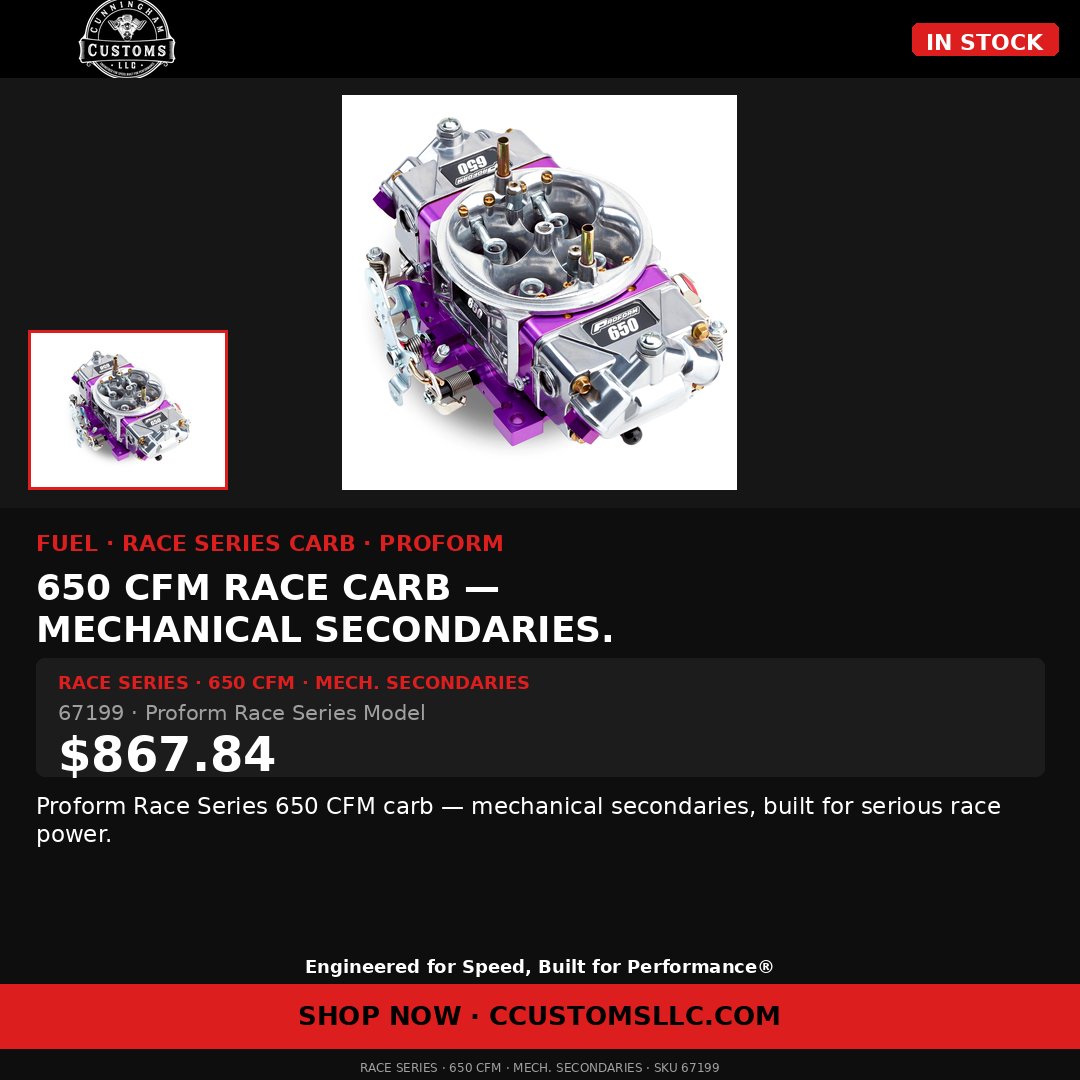 ccustomsllc17's tweet photo. 650 CFM race power — mechanical secondaries.
Proform Race Series carburetor — 650 CFM, mechanical secondaries, built for serious race builds (67199).
Shop it: https://t.co/4S24FULocp
#Proform #RaceCarb #650CFM #HotRod #RaceParts
Engineered for Speed, Built for Performance® https://t.co/Py0sryn1oB