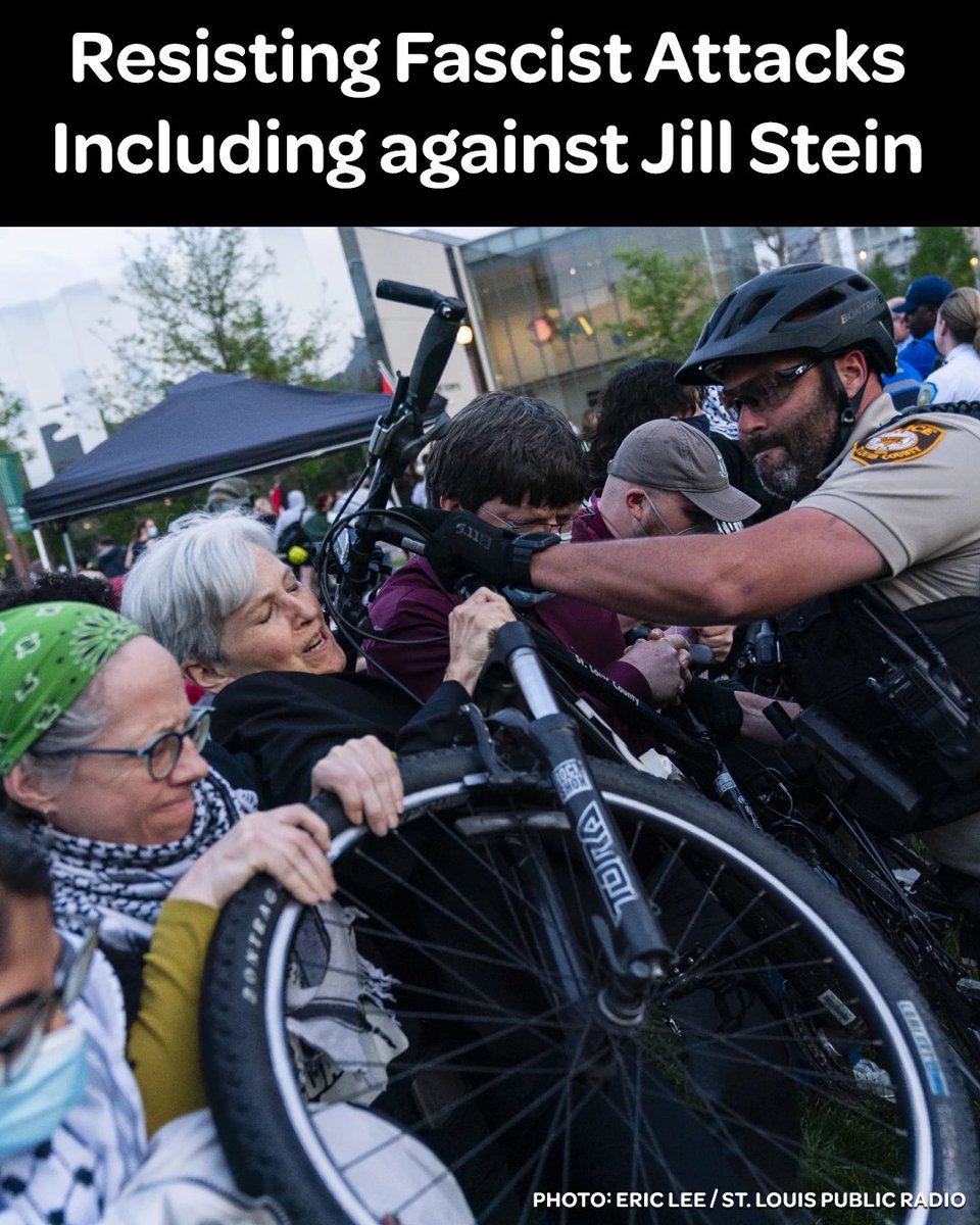 GreenPartyUS's tweet photo. Jill Stein is accused of assaulting police and trespassing, based on her standing with students peacefully protesting the Gaza genocide on April 27, 2024. The attack on Jill Stein is an attack on the entire Green Party, on all progressives and on Palestinians. Join the October 7 webinar https://t.co/vxBcy4R4l9