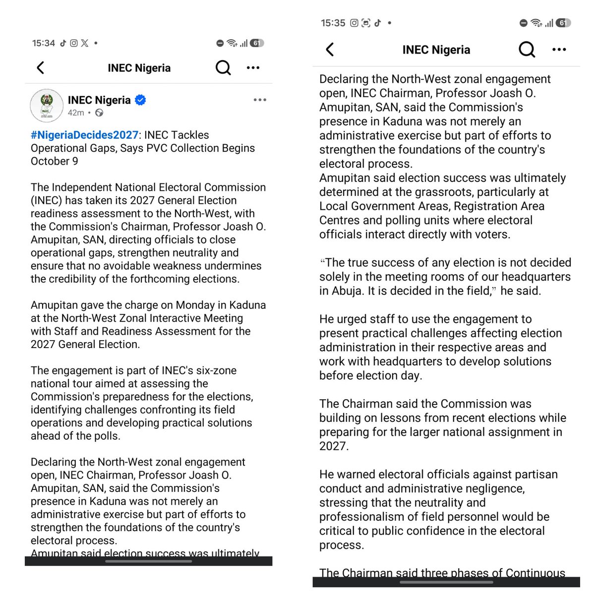 ChuksEricE's tweet photo. BREAKING NEWS:

INEC Chairman, Professor Joash Ojo Amupitan, has announced that PVC collection will begin nationwide on October 9, following the recent voter registration exercise, which produced over 10.7 million new registrants.

The announcement follows a statement released by INEC this afternoon.