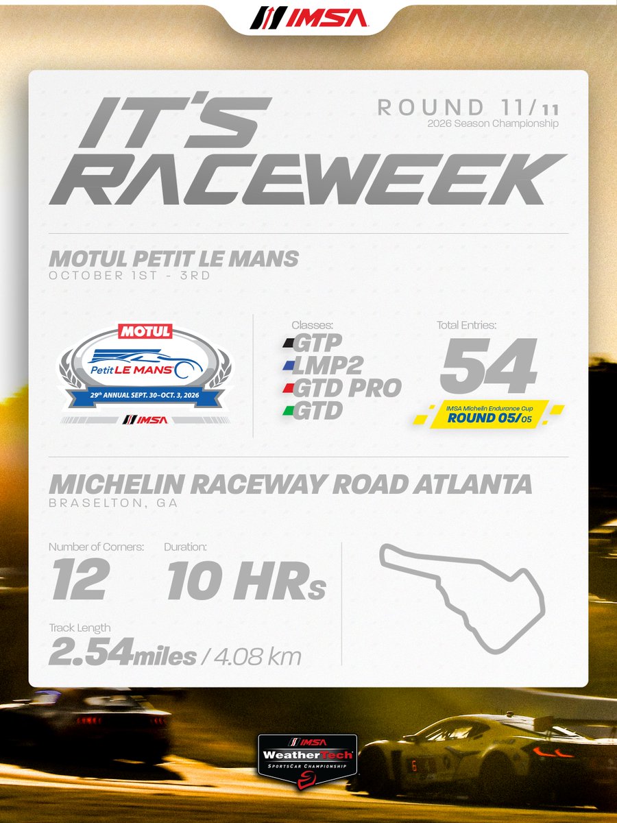 IMSA's tweet photo. It's Motul Petit Le Mans Race Week!

10 Hours to decide 4 Championships! https://t.co/6ta3JT9PlL