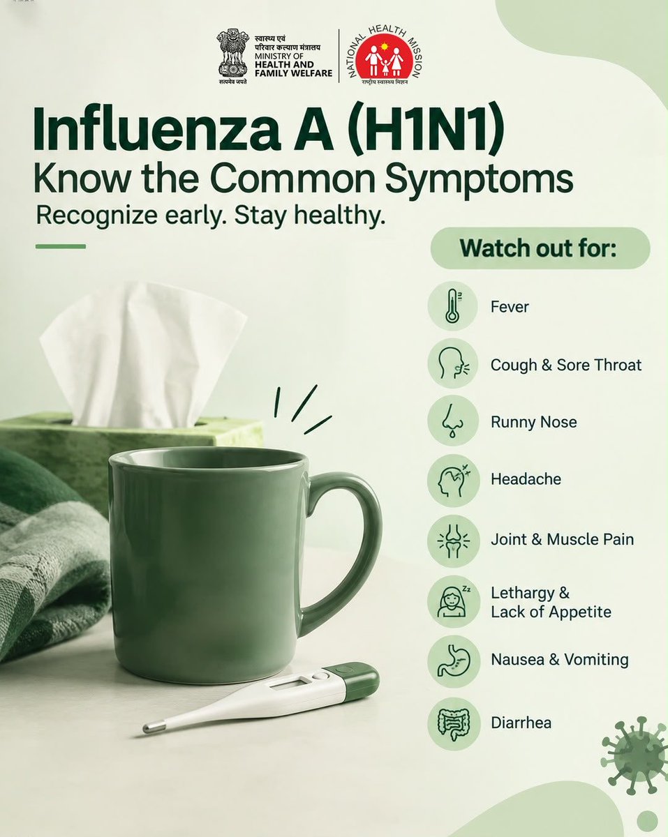 MoHFW_INDIA's tweet photo. Influenza A (H1N1) is a seasonal respiratory infection that is mostly self-limiting in healthy adults. Common symptoms include fever, cough, sore throat, headache, body aches and fatigue.

If symptoms persist beyond 5–6 days, or occur in young children, elderly persons or those with underlying medical conditions, consult a doctor or visit your nearest government health facility.

#H1N1 #Influenza #HealthForAll