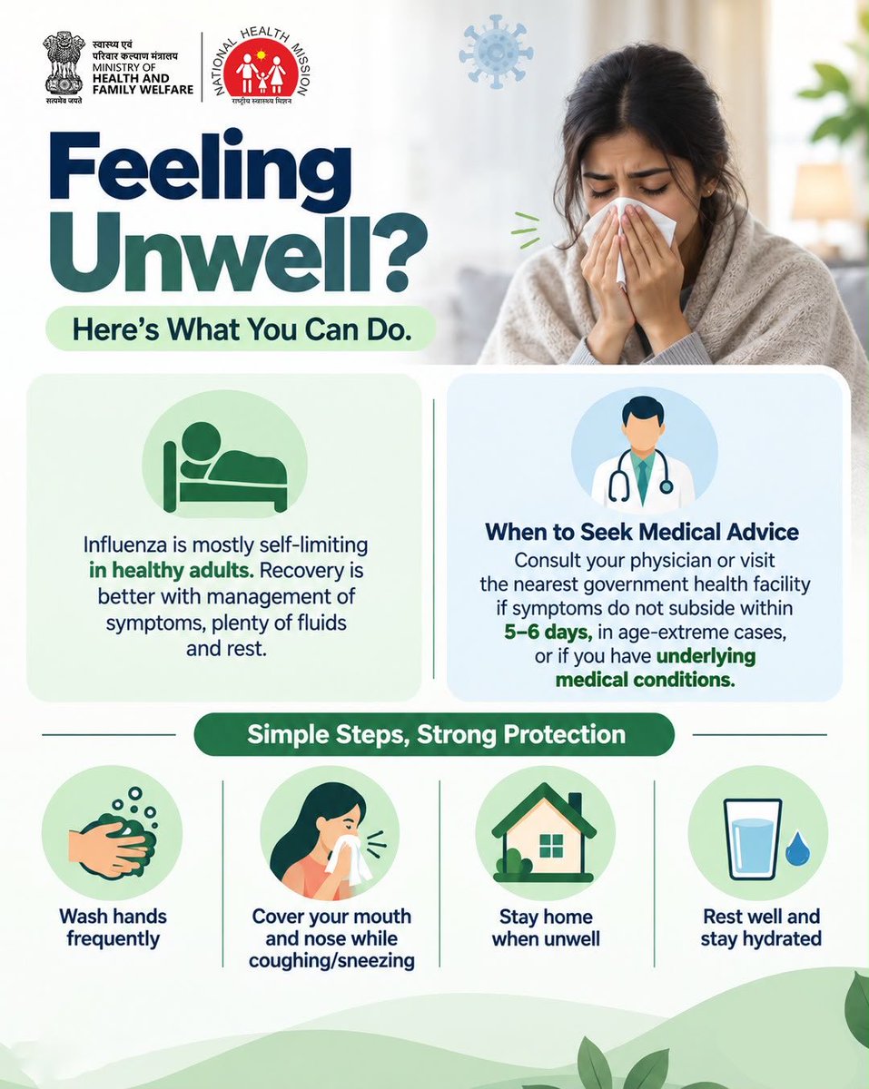 MoHFW_INDIA's tweet photo. Influenza A (H1N1) is a seasonal respiratory infection that is mostly self-limiting in healthy adults. Common symptoms include fever, cough, sore throat, headache, body aches and fatigue.

If symptoms persist beyond 5–6 days, or occur in young children, elderly persons or those with underlying medical conditions, consult a doctor or visit your nearest government health facility.

#H1N1 #Influenza #HealthForAll