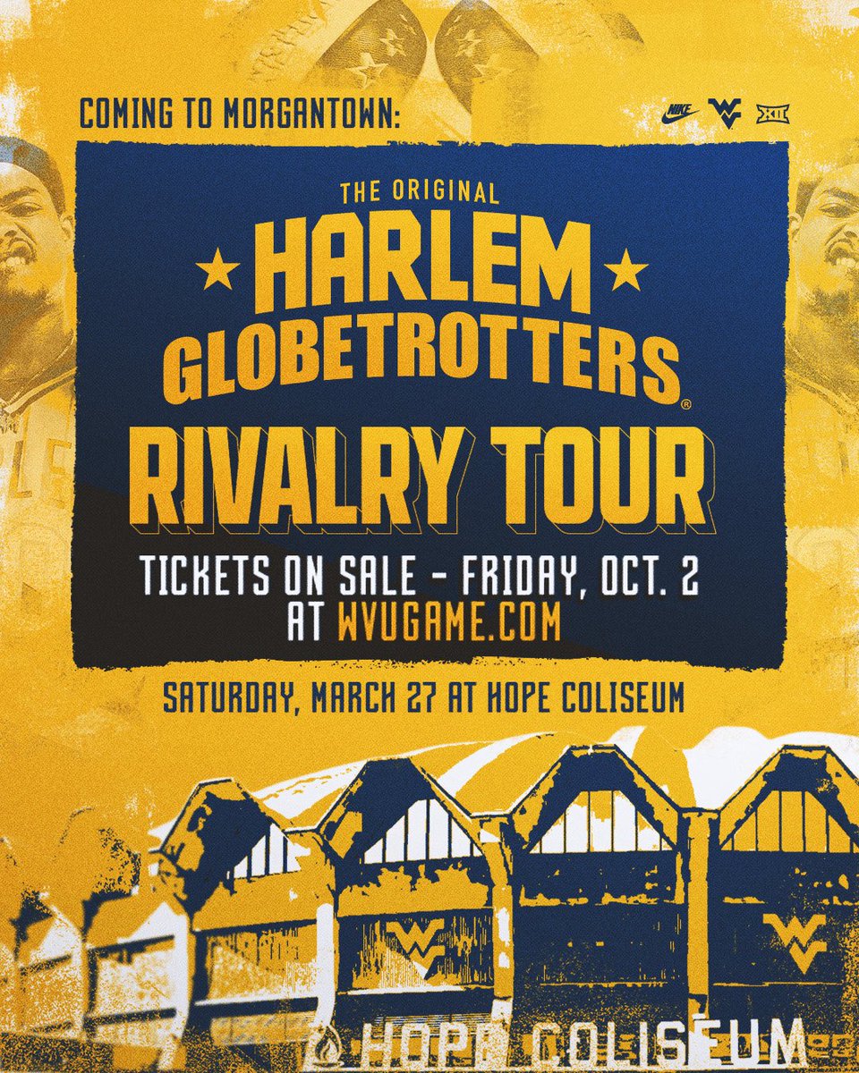 WVUSports's tweet photo. The Harlem Globetrotters are coming to Morgantown! 🏀✨

Catch the all-new Rivalry Tour at Hope Coliseum on March 27! Tickets go on sale on Friday at 10 a.m. at https://t.co/XZxUr6wFcC!

MORE INFO —> https://t.co/MNzNGgbukr https://t.co/upJra3VwpG