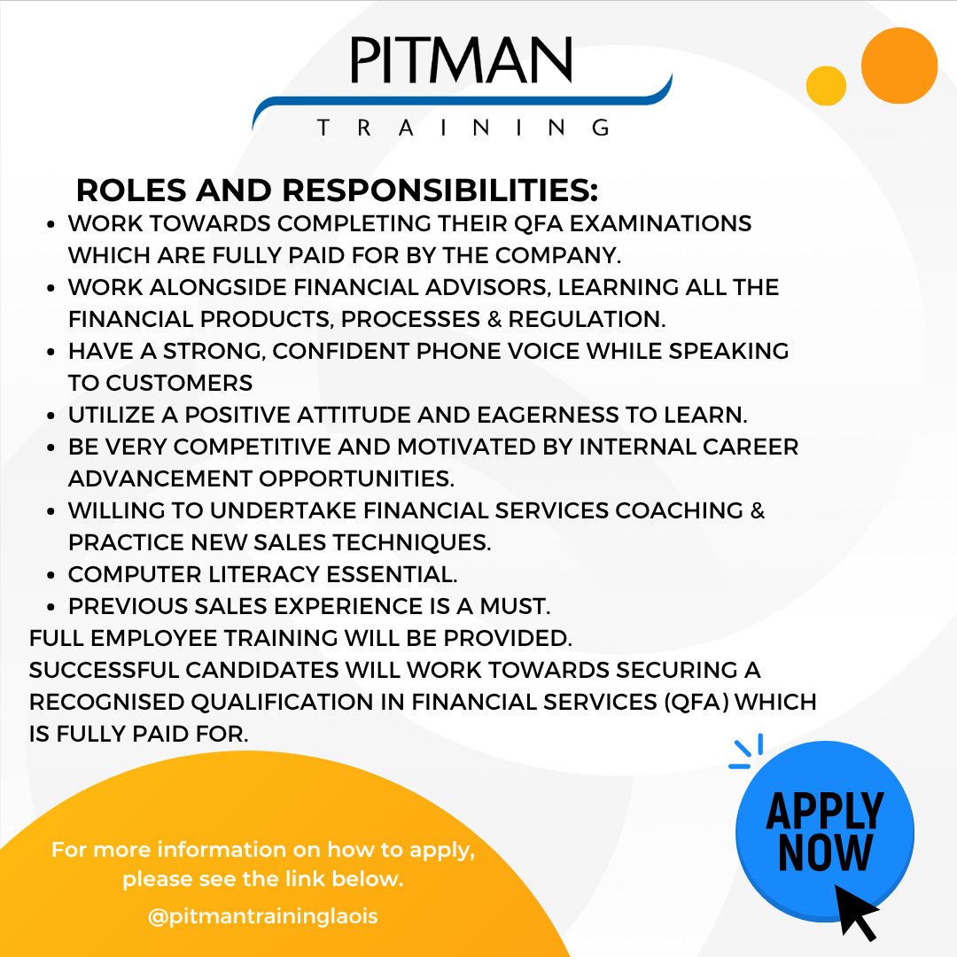 PitmanLaois's tweet photo. 💼 Job of the Week!

📍 Portlaoise
🎓 Financial Advisor Apprenticeship
📚 Work towards a QFA qualification
💻 Full training provided
📈 Opportunity to build a career in financial services
Previous sales experience required.
#JobOfTheWeek #LaoisJobs #Apprenticeship #PortlaoiseJobs https://t.co/TB3SH1KtZj