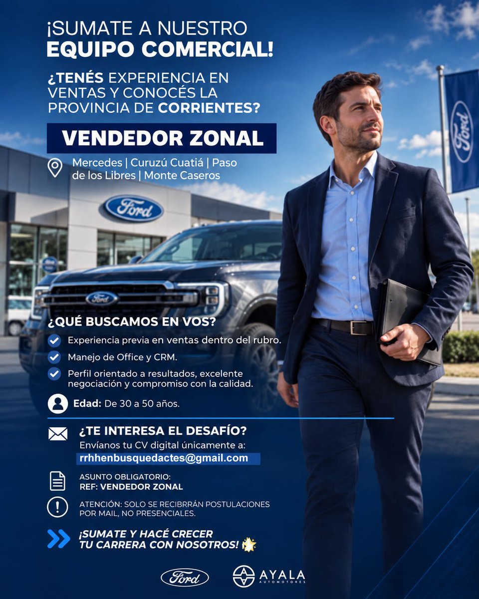 tneaar's tweet photo. ⚫🔵 Ayala Automotores S.A. busca #VENDEDOR #ZONAL para #Mercedes, #CuruzúCuatiá, #PasodelosLibres, #MonteCaseros
👉Enviá tu CV digital únicamente a: 📧rrhhenbusquedactes@gmail.com con asunto obligatorio: REF: VENDEDOR ZONAL
#TNEA #Corrientes #empleoar #trabajoar https://t.co/isdJ6UnjiH