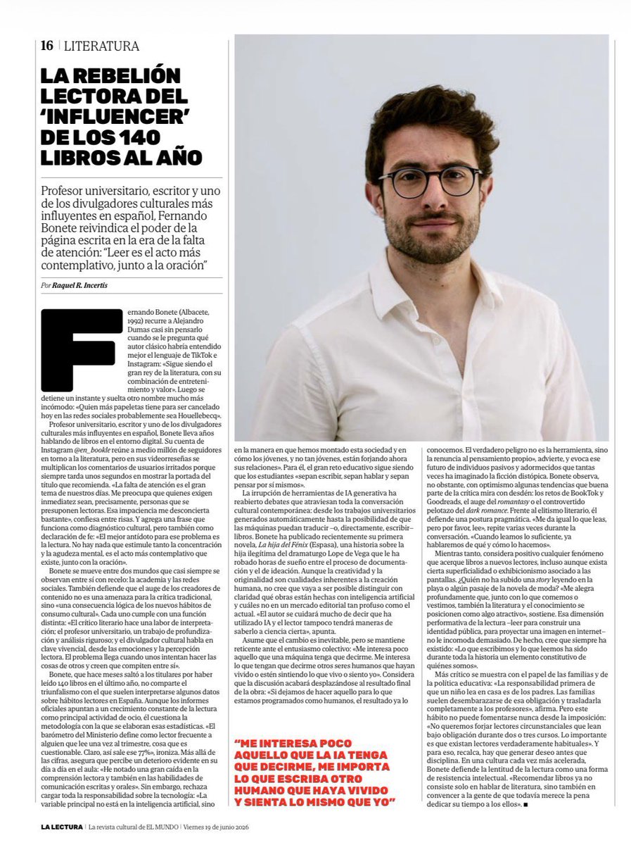 sanz_ismael's tweet photo. La lectura profunda en plena era de TikTok e Instagram. Con más de medio millón de seguidores, lanza un mensaje contracorriente: “Leer es el acto más contemplativo que existe, junto a la oración”.
En una sociedad marcada por la inmediatez, quizá la verdadera rebeldía sea sentarse a leer un libro. https://t.co/xebYy9A0za