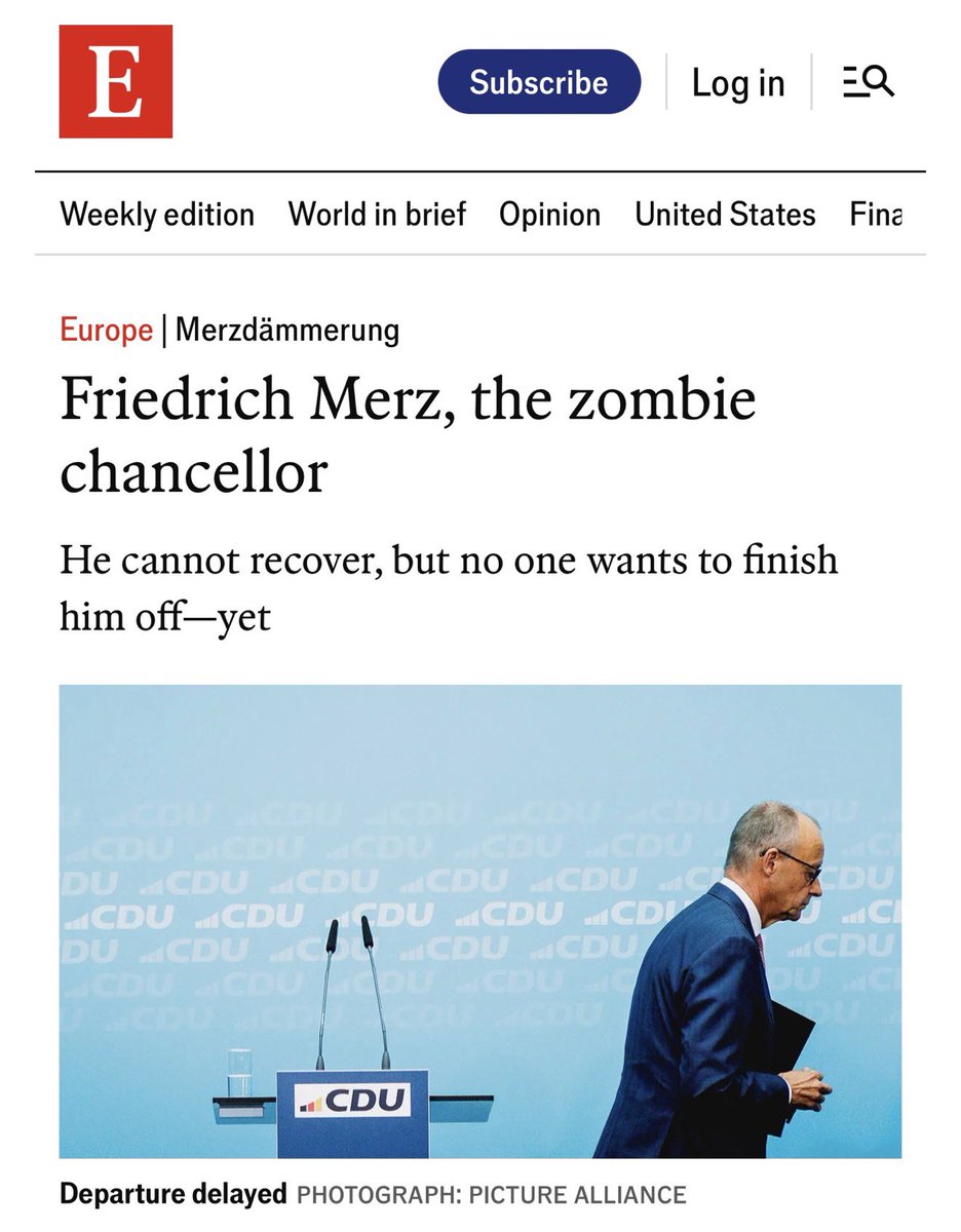 Georg_Pazderski's tweet photo. Jetzt macht sich auch das Ausland über MERZ lustig!

Der einflussreiche @TheEconomist bezeichnet Merz als „ZOMBIE-KANZLER“:

„Er kann sich nicht erholen, aber niemand will ihm den Rest geben – noch nicht.“

Merz liegt am Boden und keiner sagt ihm, dass er aufgeben soll.

https://t.co/EBglXaja0C