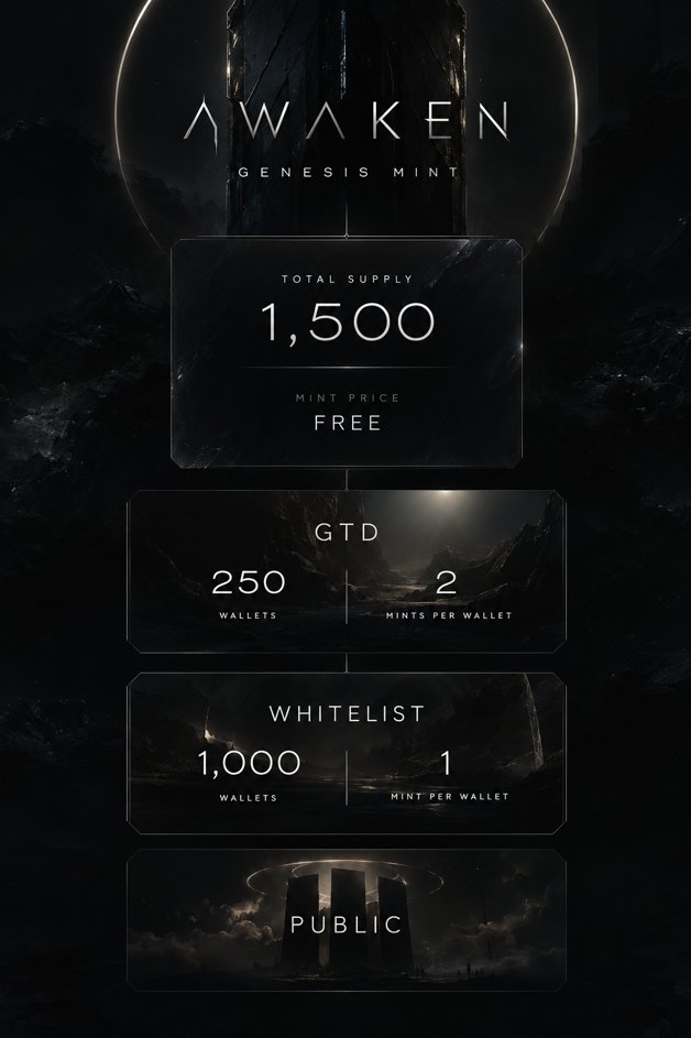 AwakenRH's tweet photo. AWAKEN GENESIS MINT
TOTAL SUPPLY - 1,500 - FREE

GTD
250 Wallets
2 Mints per Wallet

WHITELIST
1,000 Wallets
1 Mint per Wallet

PUBLIC
Remaining Supply Only

Mint date will be announced soon.
This is the final Whitelist opportunity before Genesis Mint.

 - Follow @AwakenRH
 - Like + Repost
 - Drop your EVM wallet in the replies

All submitted wallet addresses will be recorded and reviewed for the final whitelist allocation.