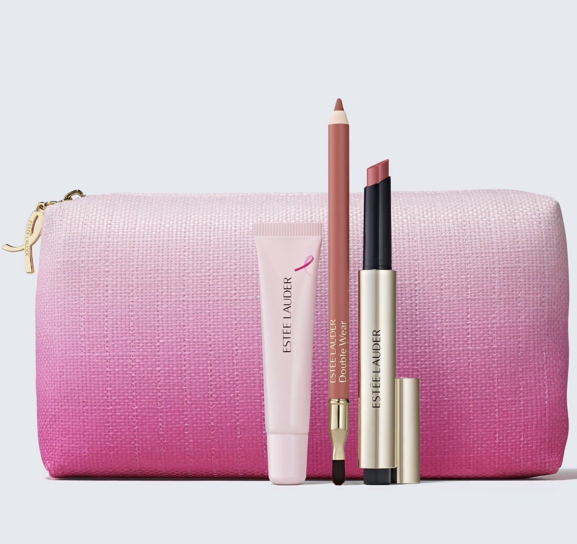 davelackie's tweet photo. Here is Estee Lauder's Breast Cancer Campaign Pink Horizon Lip Collection Pink Ribbon Set and features a full-size glosstick, lip gloss, lip liner &amp; pink bag. It retails for $60 and 100% of the retail price supports BCRF charity. On the lauder ecomm site. https://t.co/vNHglBZqu2