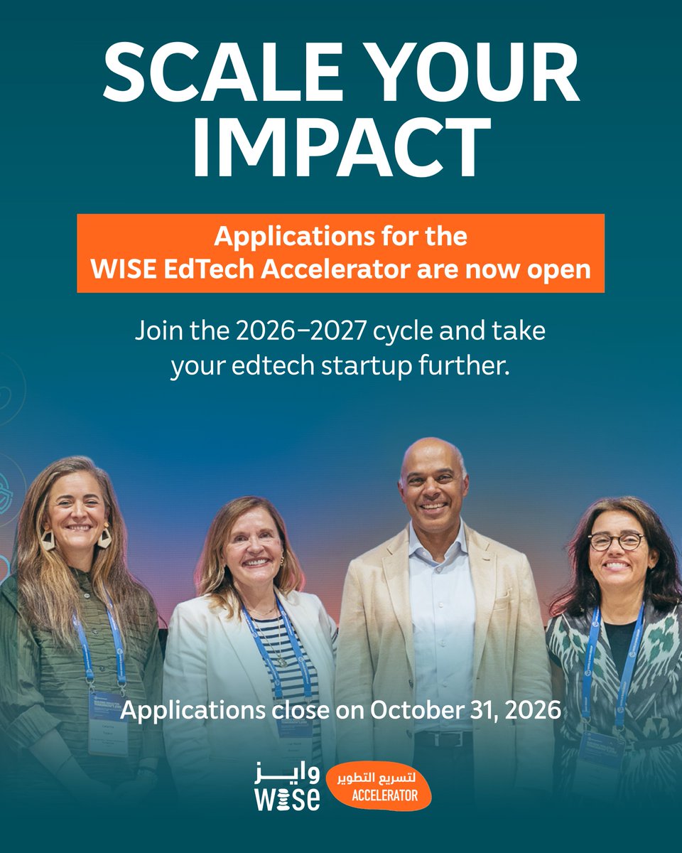 WISE_Tweets's tweet photo. Ready to take your #edtech startup further? 
 
Applications for the 2026–2027 cycle of the WISE EdTech Accelerator are open until October 31, 2026. 
 
Apply now: https://t.co/o7zbb44Shl

هل تتطلعون إلى نموّ أكبر لشركتكم الناشئة في تكنولوجيا التعليم؟

فتحنا باب التقديم لدورة 2026–2027 من برنامج "وايز" لتطوير تكنولوجيا التعليم. يغلق باب التقديم في 31 أكتوبر 2026. 
 
قدّموا الآن:
https://t.co/o7zbb44Shl