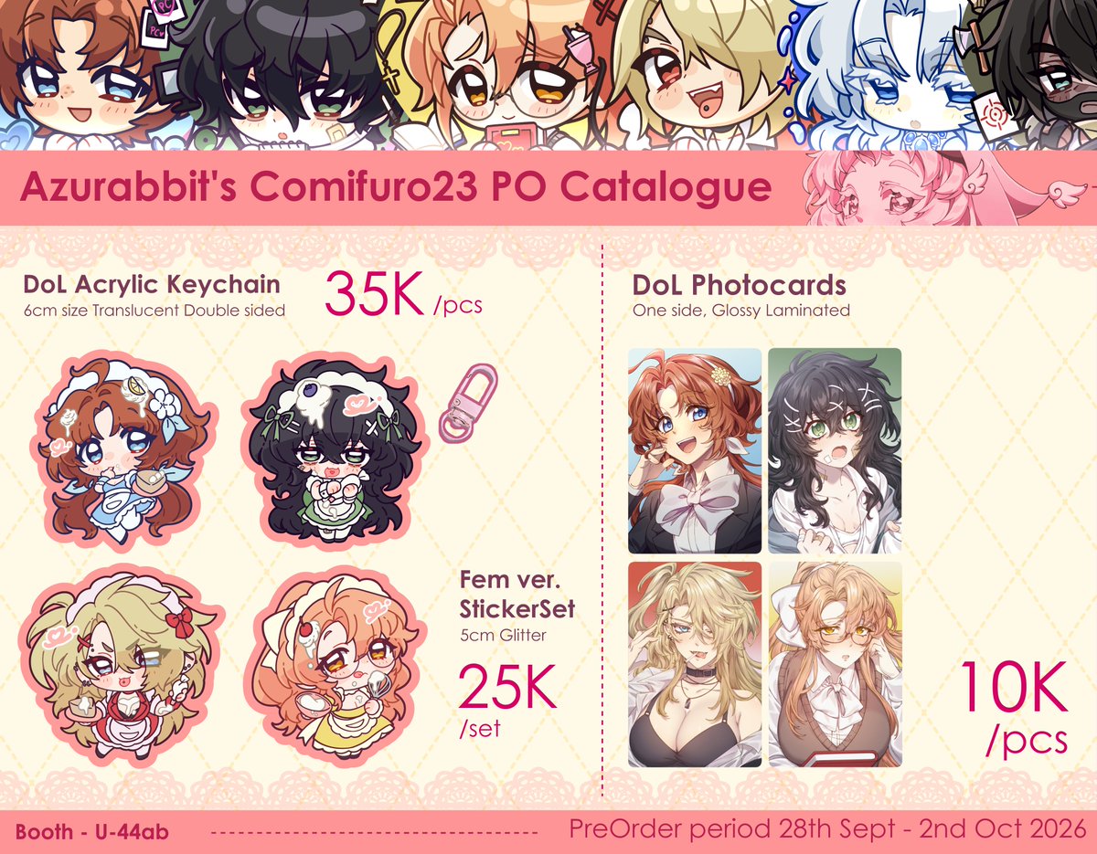 miomawla's tweet photo. (3/5)
[Likes &amp; shares appreciated!❤️]

Azurabbit's CF23 PreOrder CATALOGUE
Pick-up &amp; Mail Order are OPEN!

Fandom : DoL,  Honkai Starrail
#cf23 #cf23catalogue https://t.co/F0QUCOkWq4