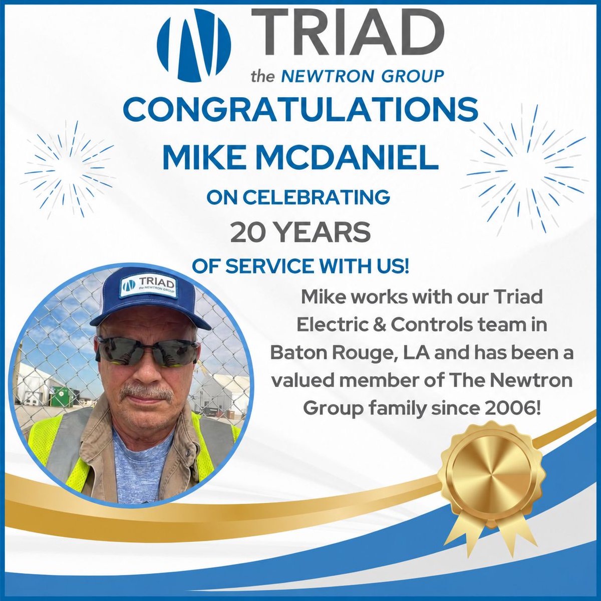 TheNewtronGroup's tweet photo. Congratulations to Mike McDaniel of our Triad Electric & Controls team in Baton Rouge, LA! He recently celebrated his 20th Anniversary with our company!๐๐๐
Please join us in congratulating him on this awesome milestone!๐
#LiveIt https://t.co/sSiMBAUxt1